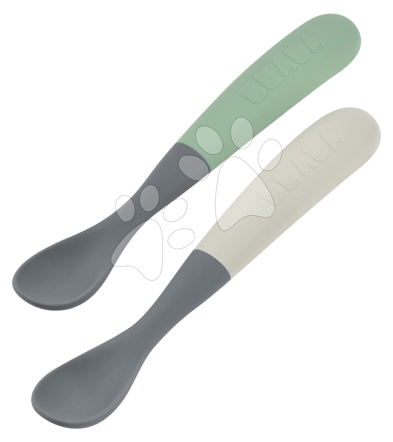 E-shop Ergonomické lyžičky 1st Age Silicone Spoons Beaba Mineral Grey Sage Green zo silikónu na samostatné jedenie v boxe 2 kusy od 4 mes