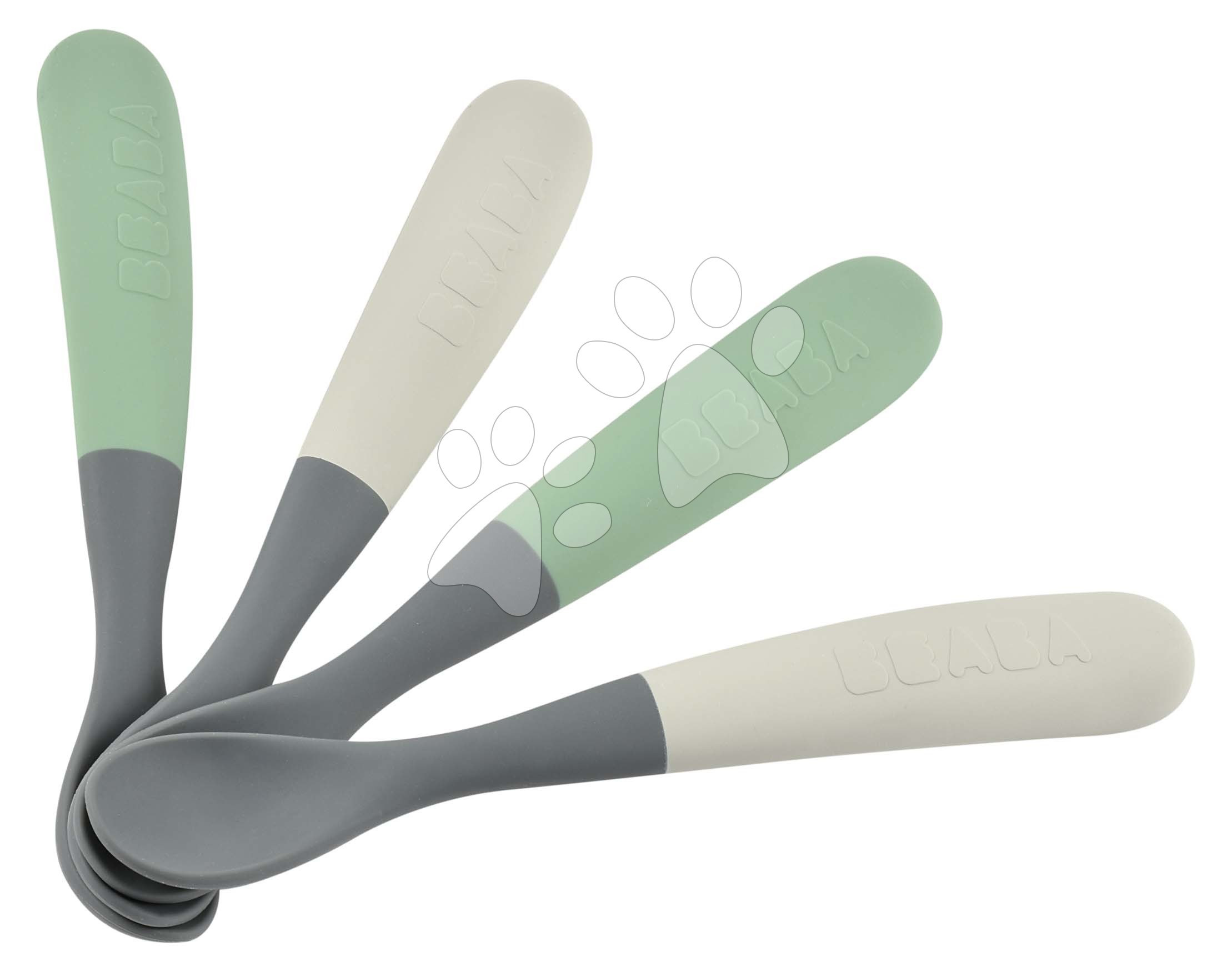 E-shop Ergonomické lyžičky 1st Age Silicone Spoons Beaba Mineral Grey Sage Green zo silikónu na samostatné jedenie 4 kusy od 4 mes