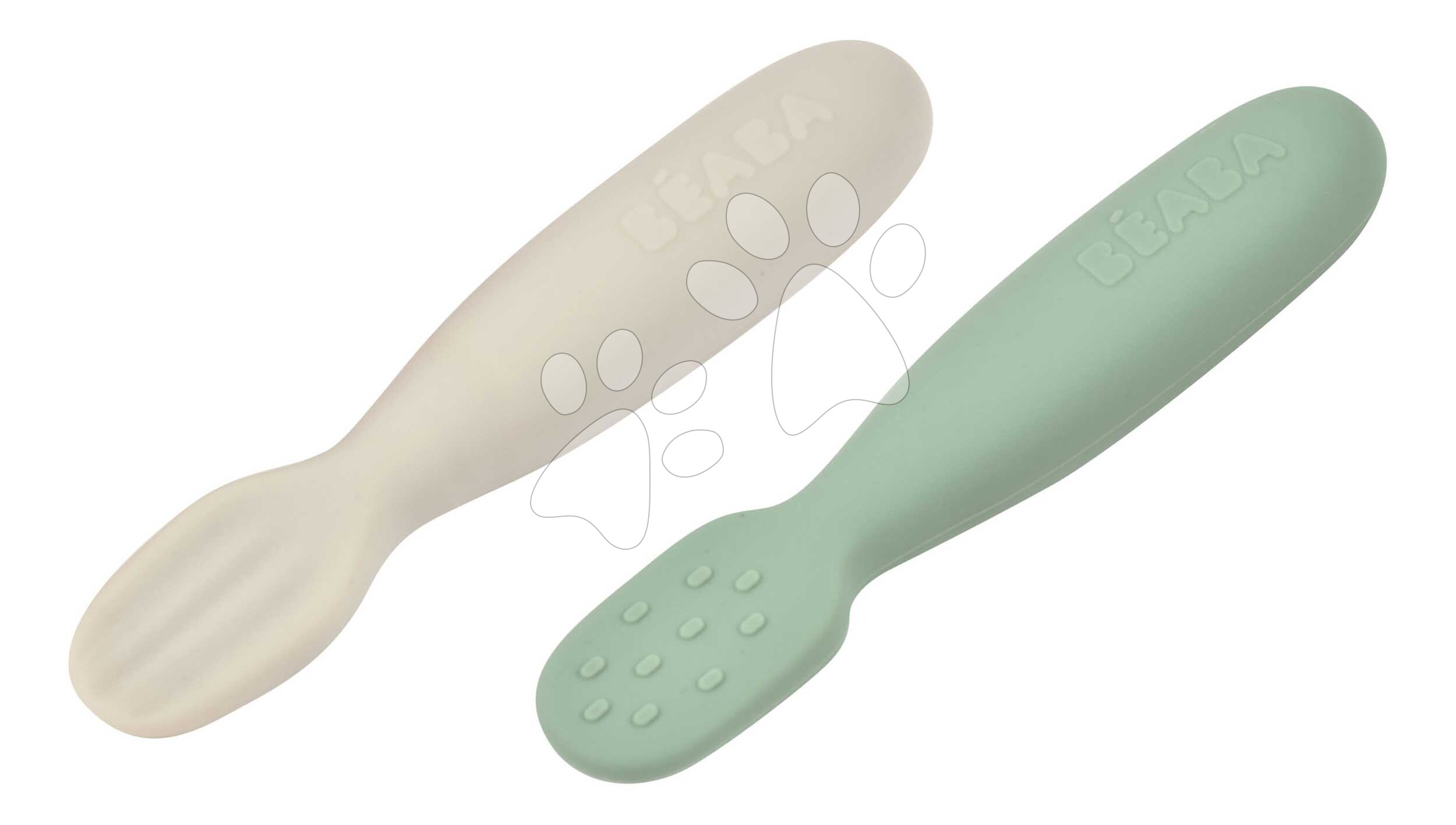 Ergonomické tréningové lyžičky Silicone Pre-Spoons Sage Green Velvet Grey Beaba zo silikónu na samostatné jedenie 2 kusy od 4 mes
