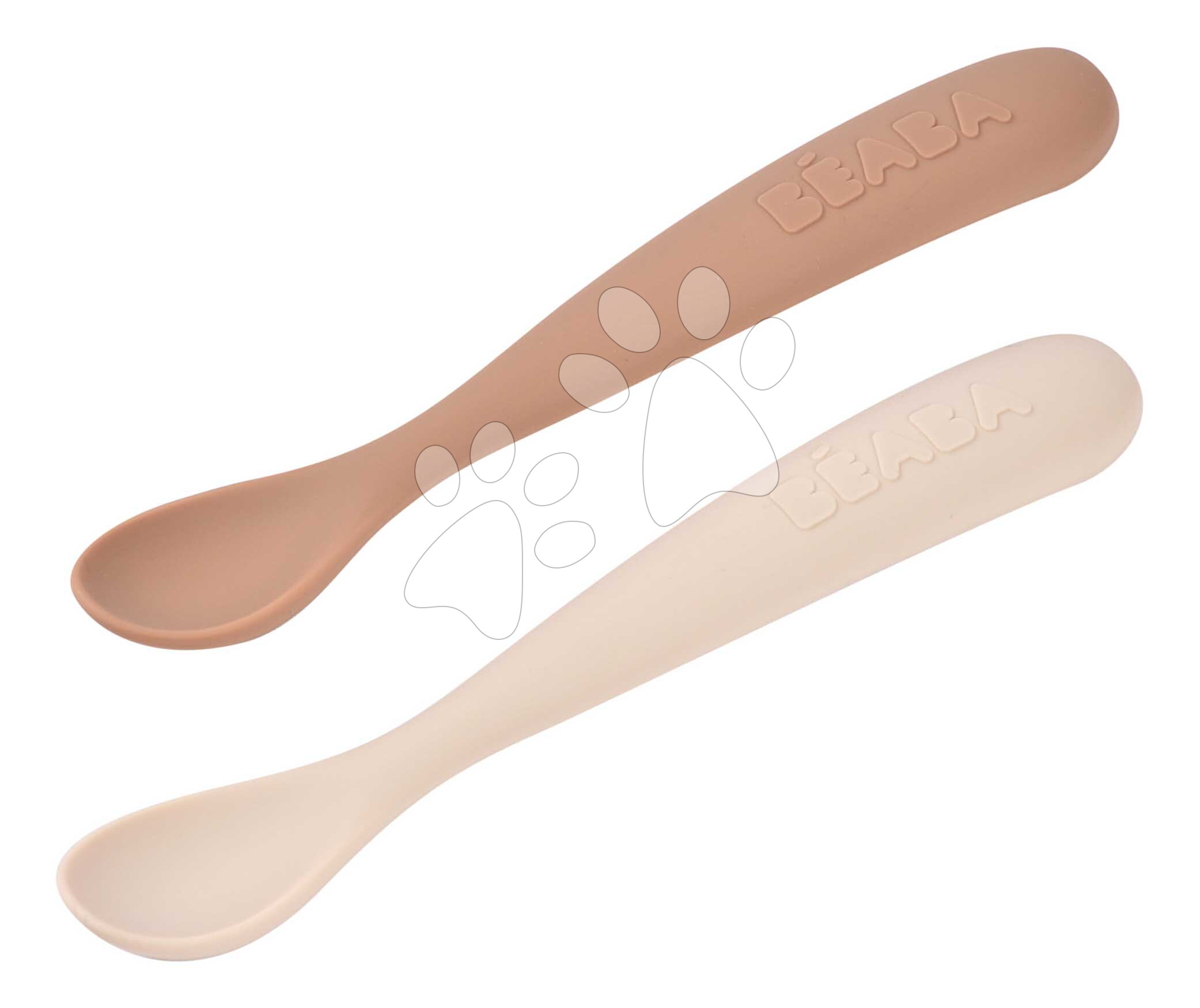 Prvé tréningové lyžičky First Age Silicone Spoons Clay Duo Beaba zo silikónu na samostatné jedenie v praktickom obale 2 kusy hnedé od 4 mes
