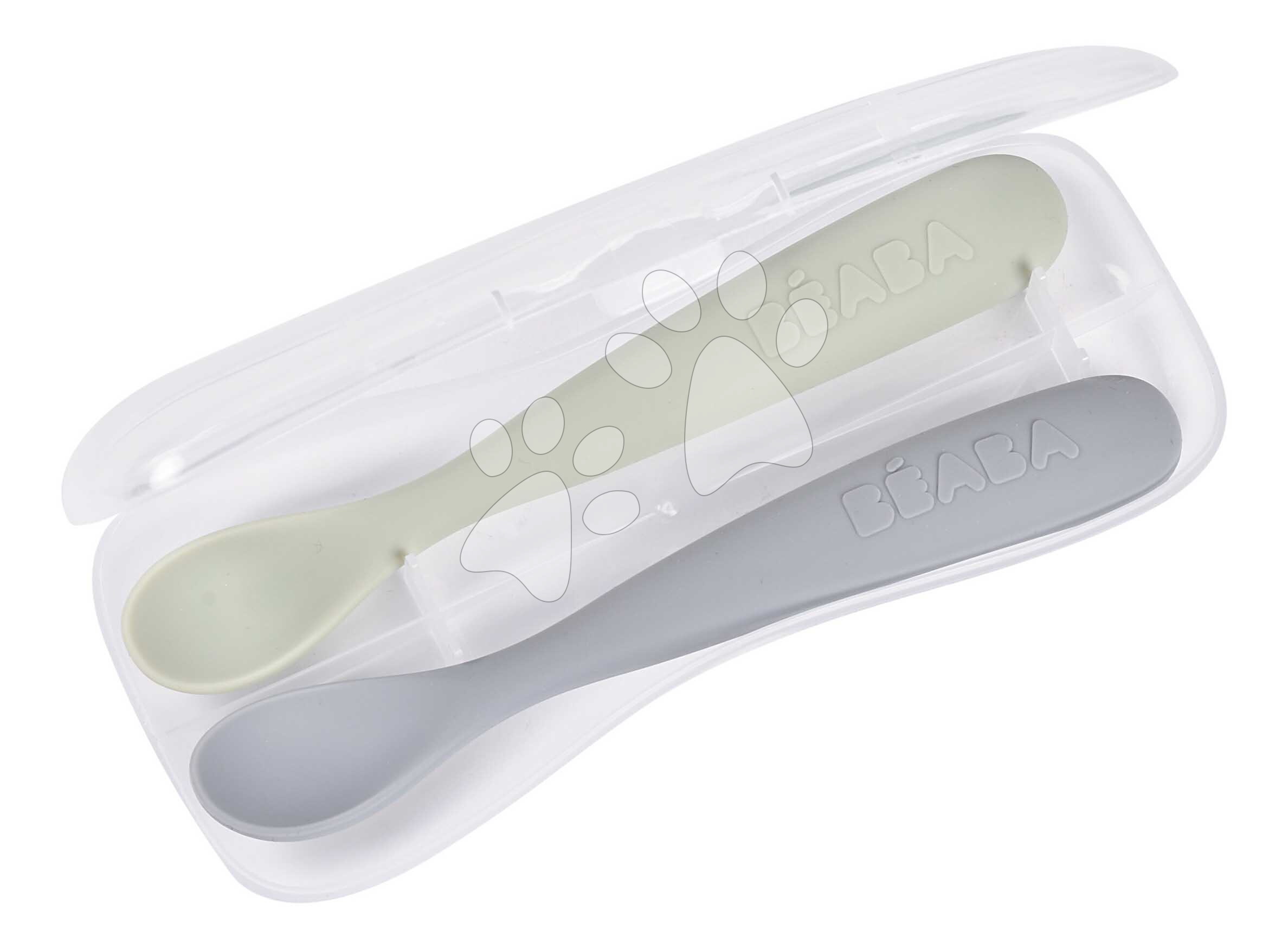 Első gyakorlókanalak First Age Silicone Spoons Nature Duo Beaba szilikonból önálló étkezéshez praktikus tárolóban 2 db zöldes-kék 4 hó-tól