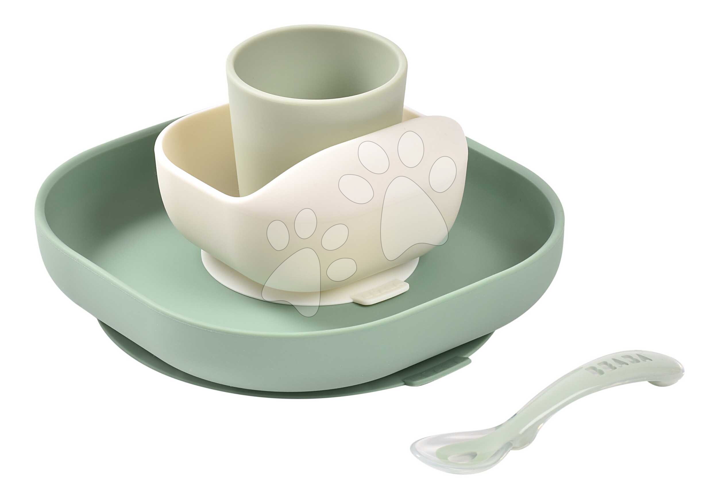 Jedálenská súprava Silicone Meal Set Sage Green Misty Green Beaba zo silikónu 4 dielna zeleno-béžová od 4 mes
