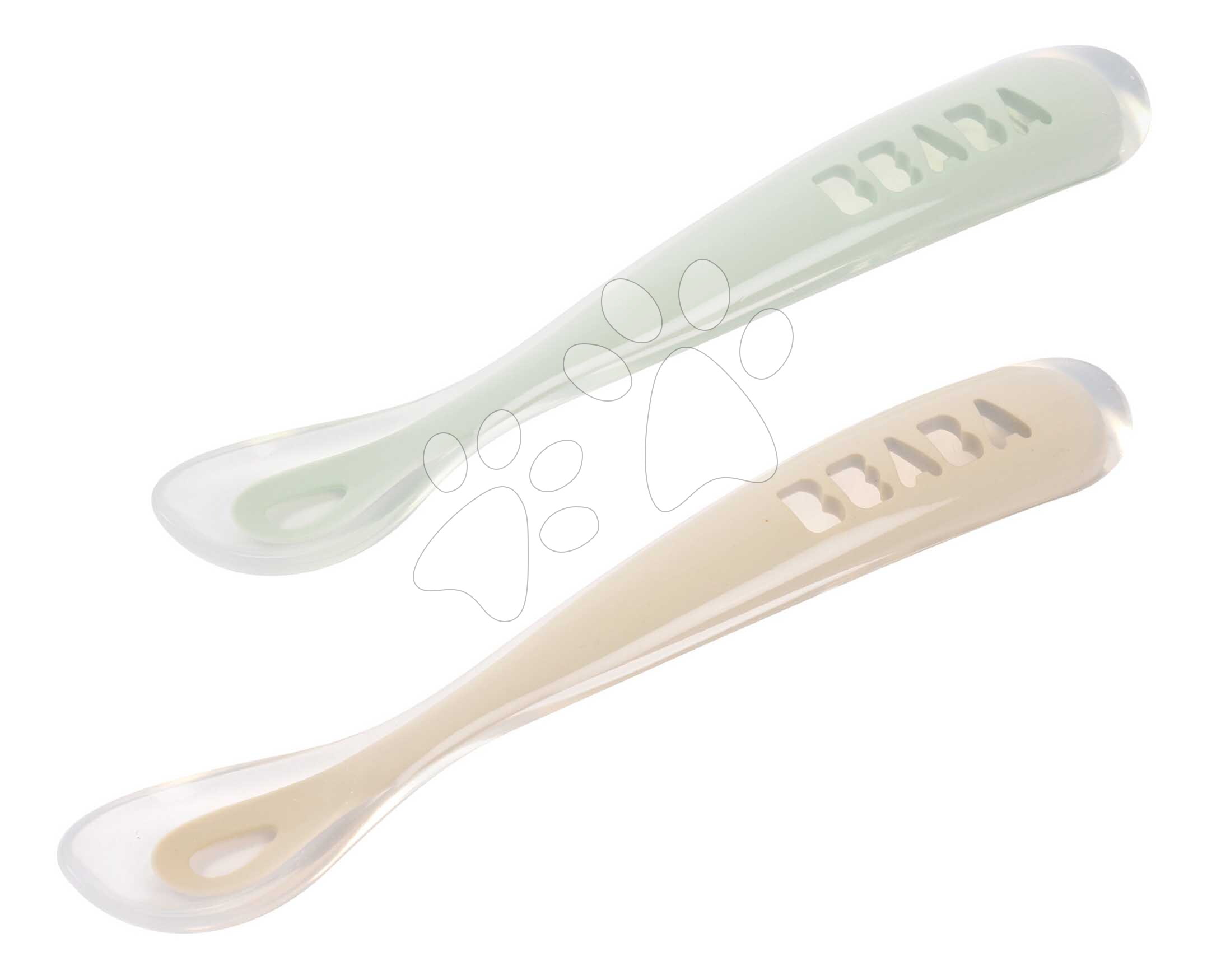 Prvé tréningové lyžičky First Age Silicone Spoons Clay Misty Green Duo Beaba zo silikónu na samostatné jedenie v praktickom obale 2 kusy hnedo-zelené od 4 mes