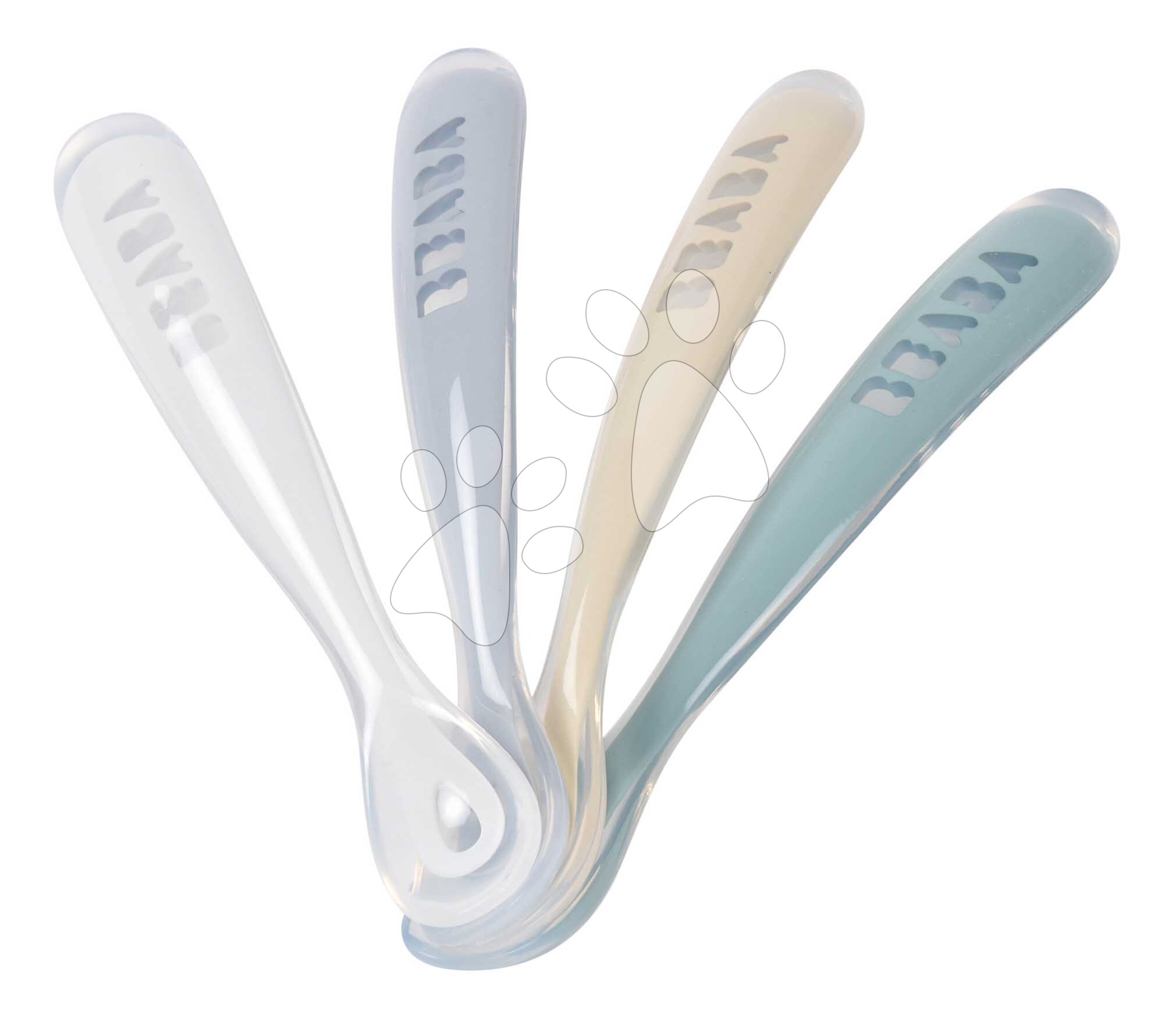 Prvé tréningové lyžičky First Age Silicone Spoons Pebble Cloud Blue Baltic Blue Clay Set Beaba zo silikónu na samostatné jedenie 4 kusy od 4 mes