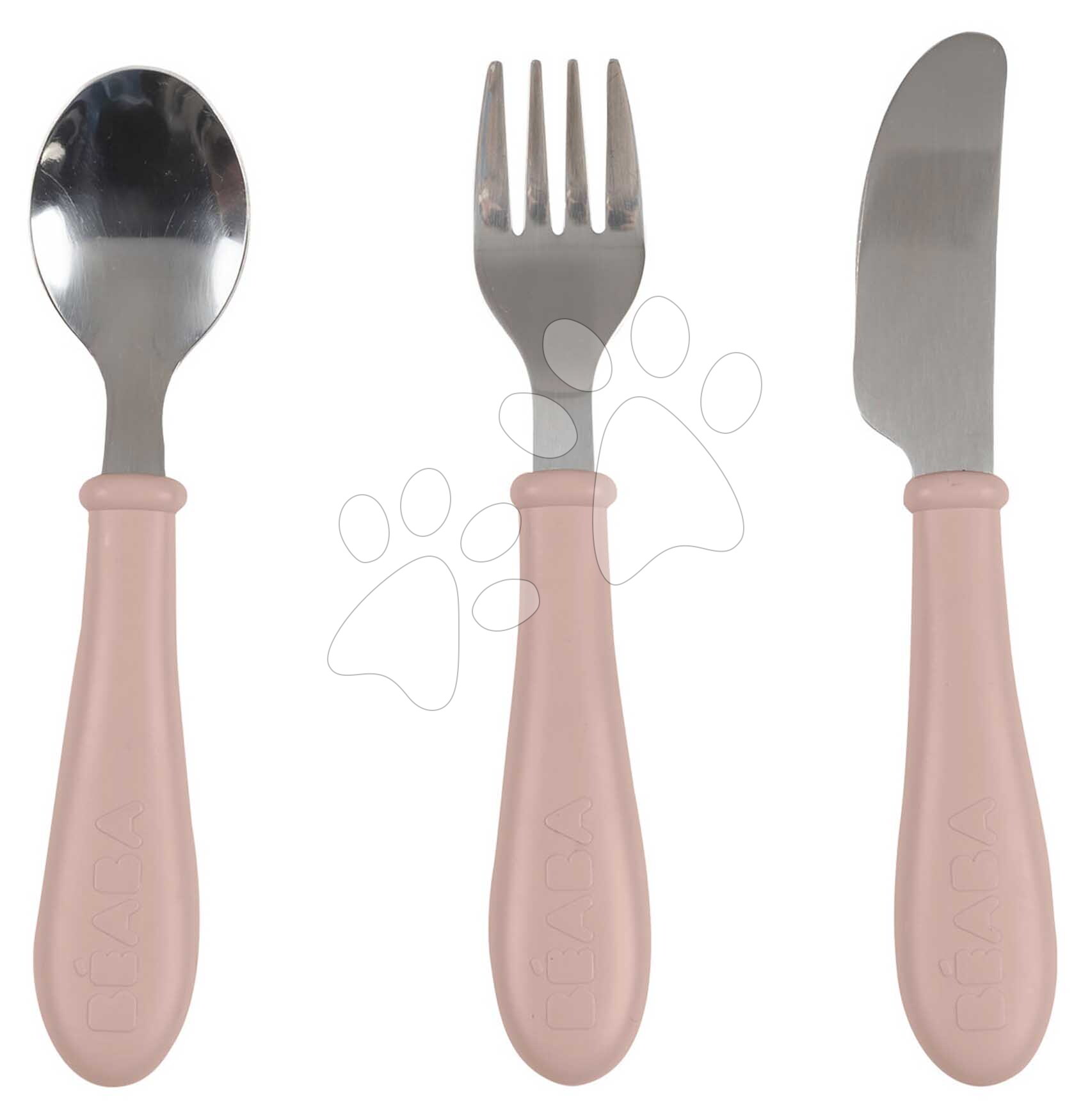 Detský príbor Stainless Steel Cutlery Set Cotton Candy Beaba z nehrdzavejúcej ocele lyžička vidlička a nôž ružový od 8 mes