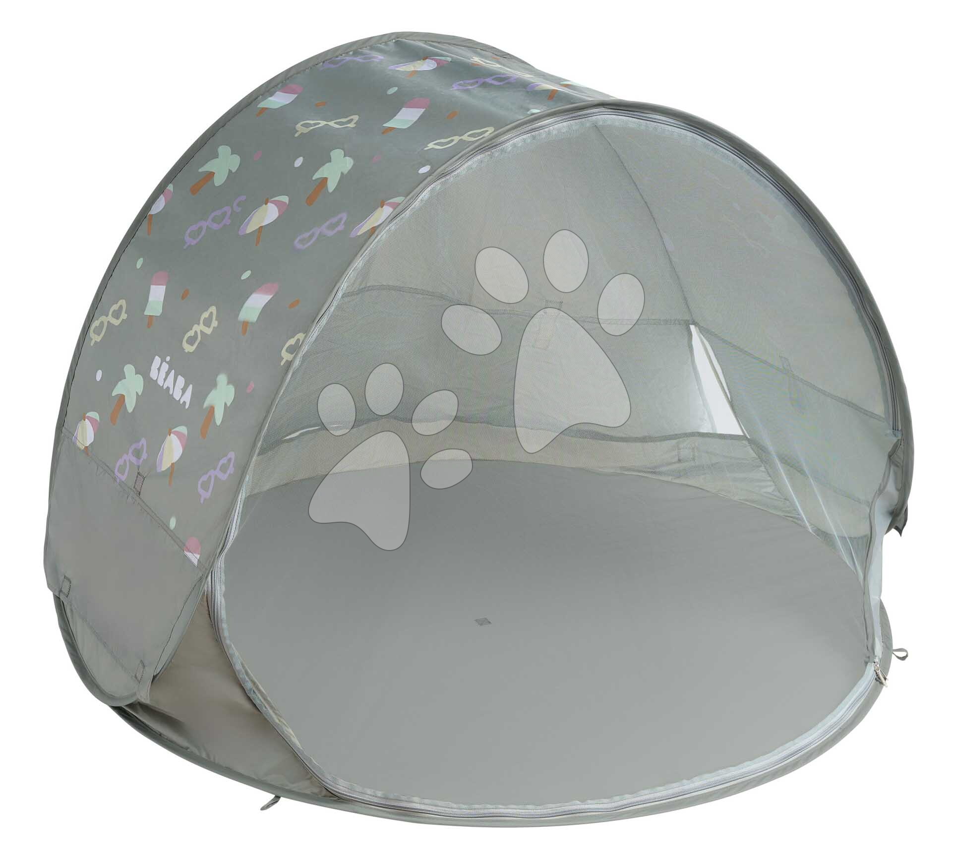Plážový stan pre deti Breezy Anti UV Tent Lichen Beaba s 360° ventiláciou a ochranou proti piesku a hmyzu 120*85 cm sivý so vzorom od 0-36 mes