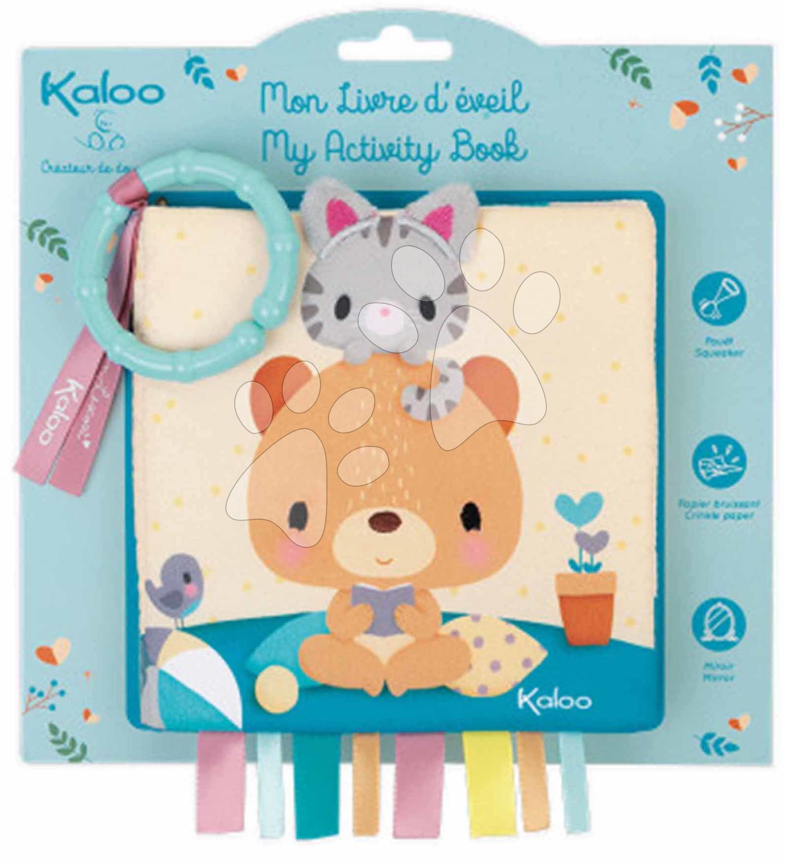 Textilní knížka medvěd Choo at home Activity Book Kaloo s kroužkem pro nejmenší od 0 měsíců