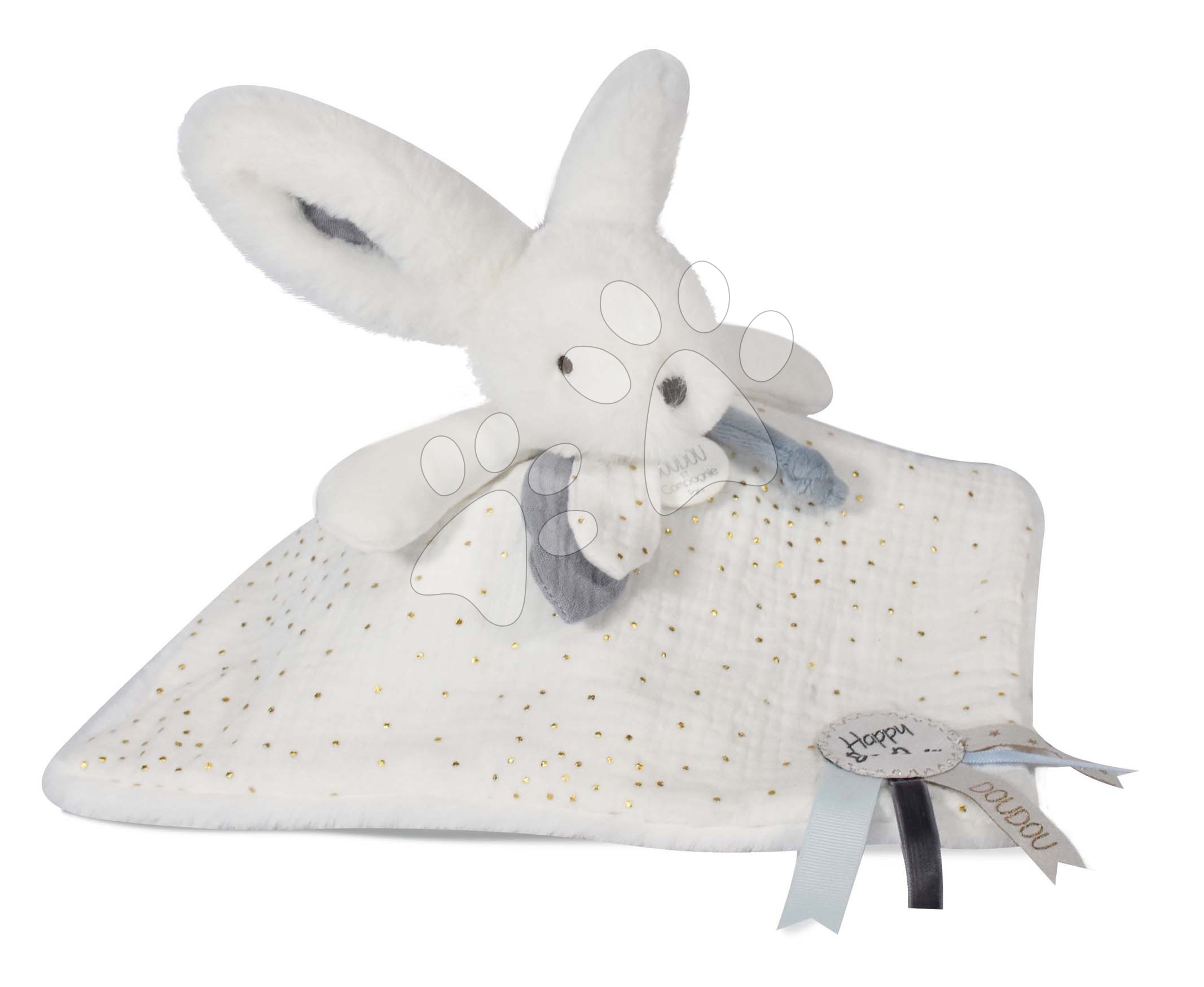 Plyšový zajačik na maznanie Bunny Happy Glossy Doudou et Compagnie biely 25 cm v darčekovom balení od 0 mes