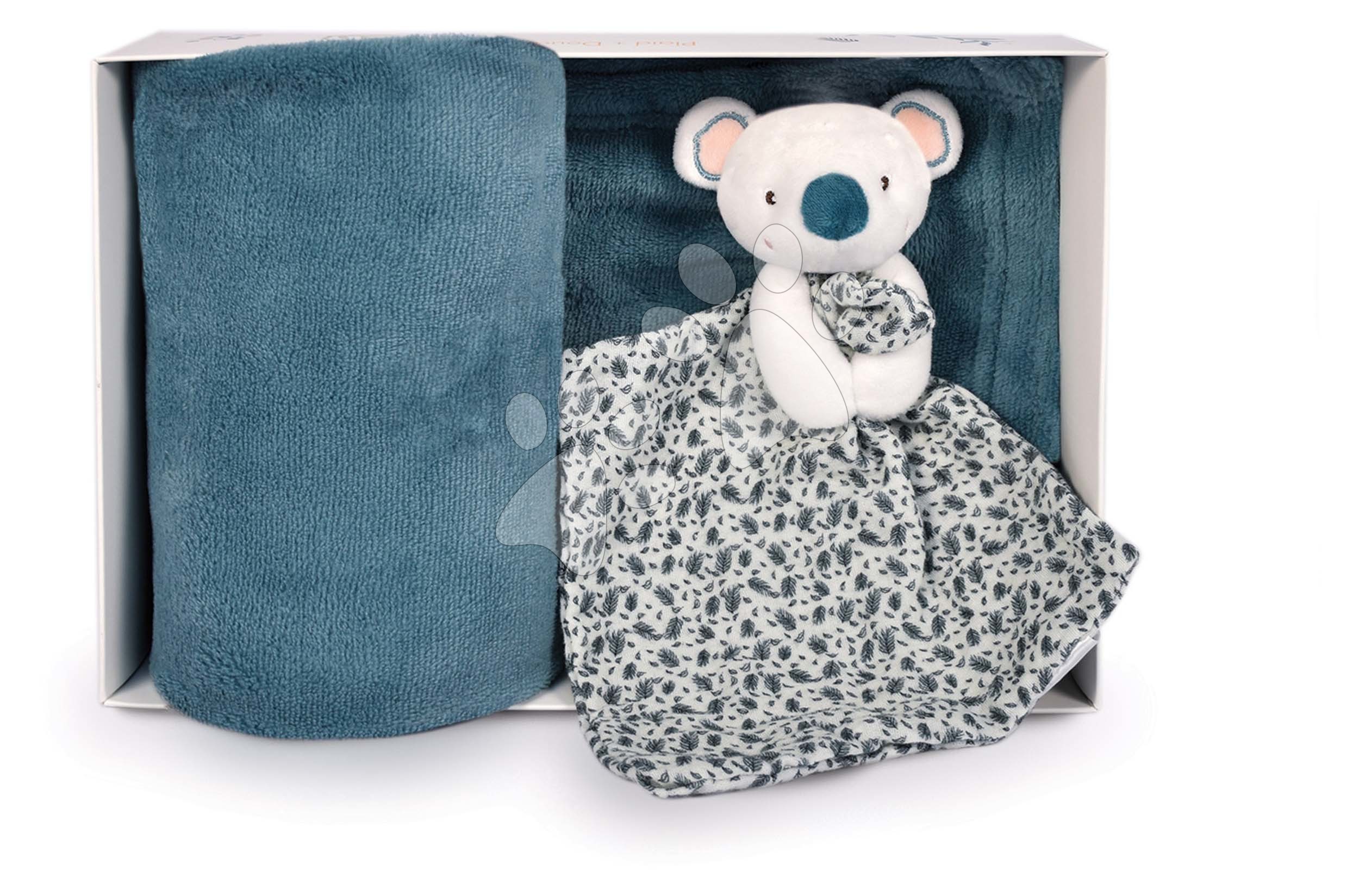 Deka pre najmenších Yoca le Koala Doudou et Compagnie s plyšovou koalou na maznanie modrá 70*100 cm v darčekovom balení od 0 mes