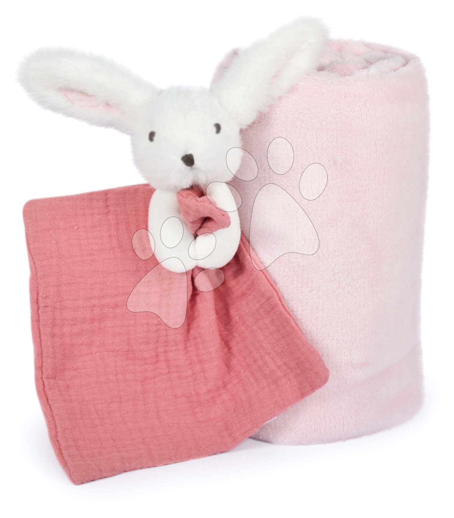 E-shop Deka pre najmenších Bunny Happy Boho Doudou et Compagnie s plyšovým zajačikom na maznanie ružová 100*70 cm od 0 mes