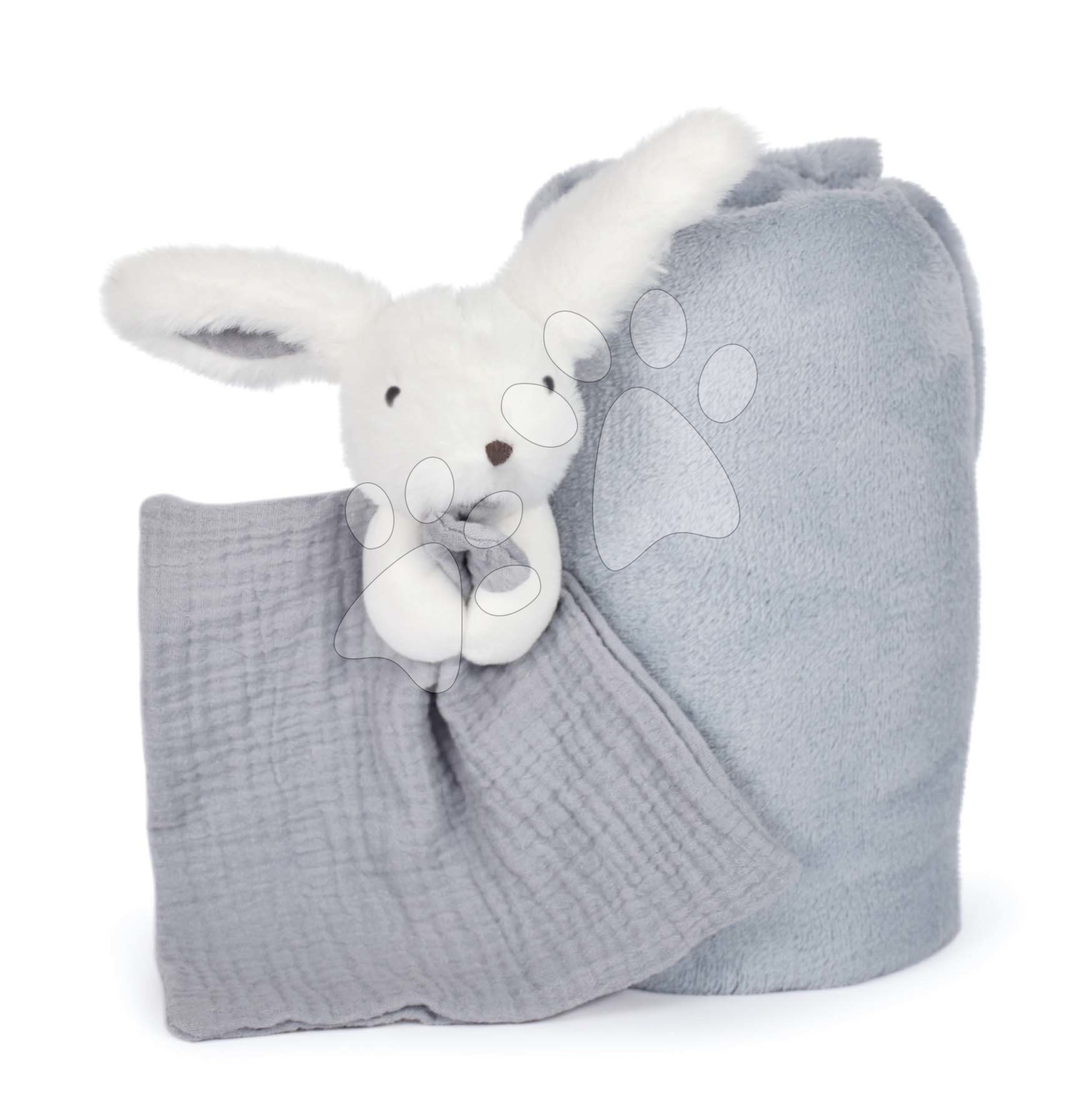 E-shop Deka pre najmenších Bunny Happy Glossy Doudou et Compagnie s plyšovým zajačikom na maznanie modrá 100*70 cm od 0 mes