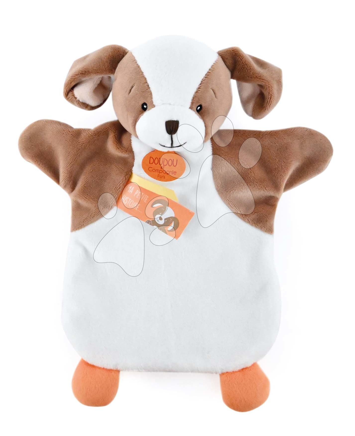 Plyšový psík na bábkové divadlo Puppy Doudou et Compagnie bielo-hnedý 25 cm od 0 mes