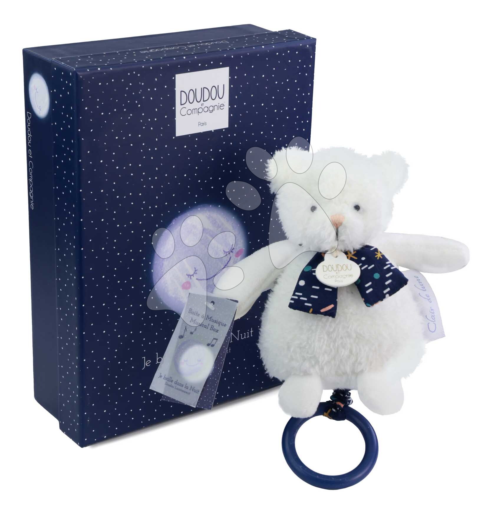Plüss mackó dallammal sötétben világít Moonlight Collection Music Box Doudou et Compagnie ajándékcsomagolásban fehér 17 cm 0 hó-tól