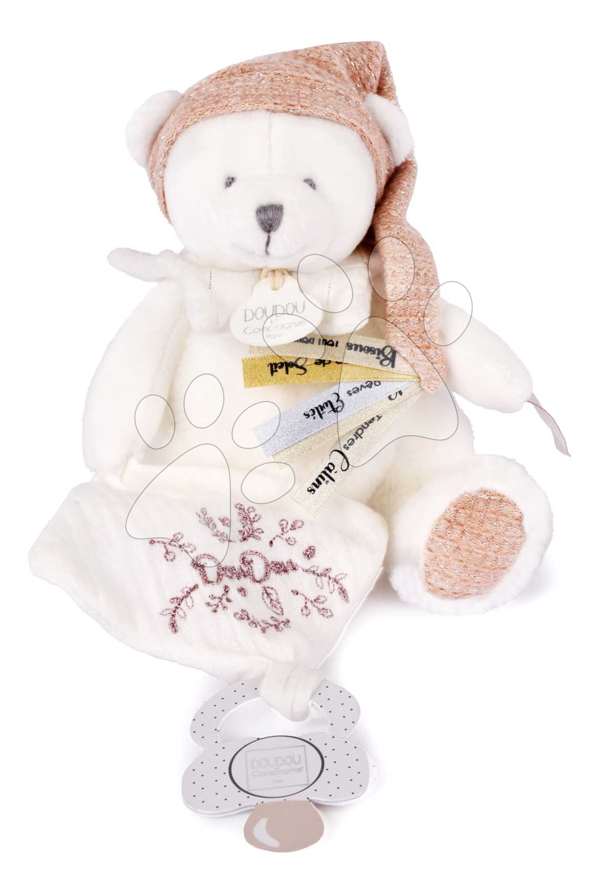 Plyšový medvedík s klipom na cumlík Doudou 25 Years Dummy Holder Pink Doudou et Compagnie narodeninová edícia ružový 20 cm od 0 mes