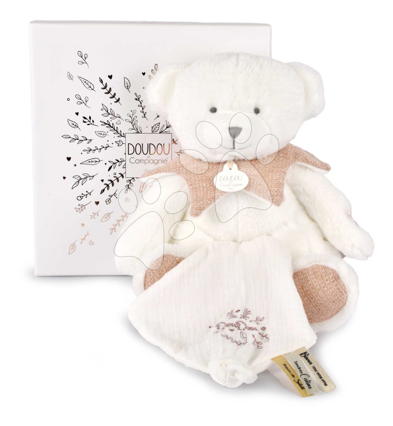 Plüss mackó kendővel dédelgetésre Doudou 25 Years Puppet with Handkerchief Pink Doudou et Compagnie ajándékcsomagolásban rózsaszín 30 cm 0 hó-tól