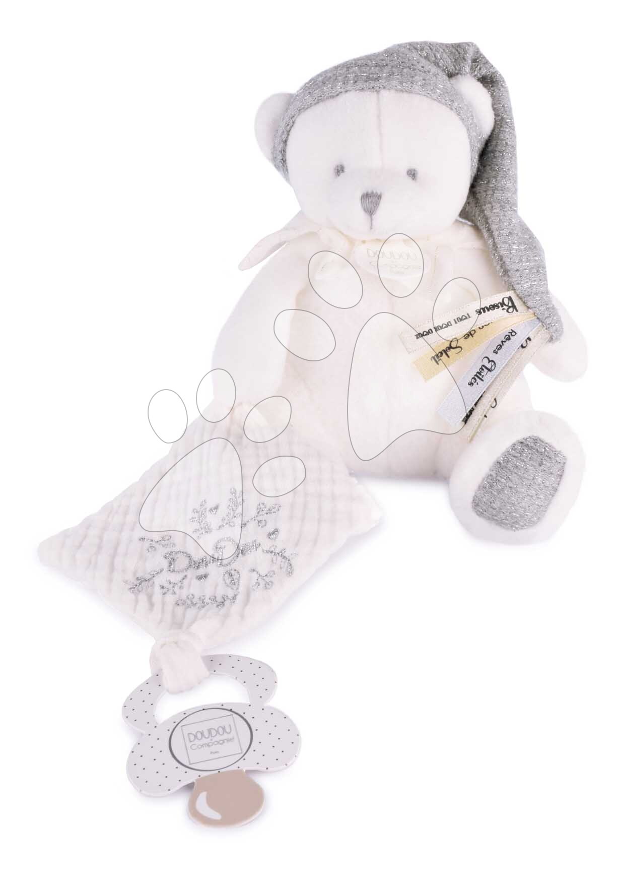 Plüss mackó cumitartó csipesszel Doudou 25 Years Dummy Holder Grey Doudou et Compagnie szülinapi kiadás szürke 20 cm 0 hó-tól