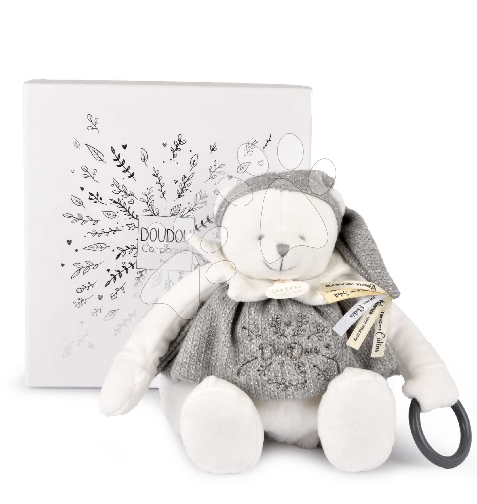 Plüss mackó Doudou 25 Years Activity Puppet Grey Doudou et Compagnie szülinapi kiadás szürke 30 cm 0 hó-tól