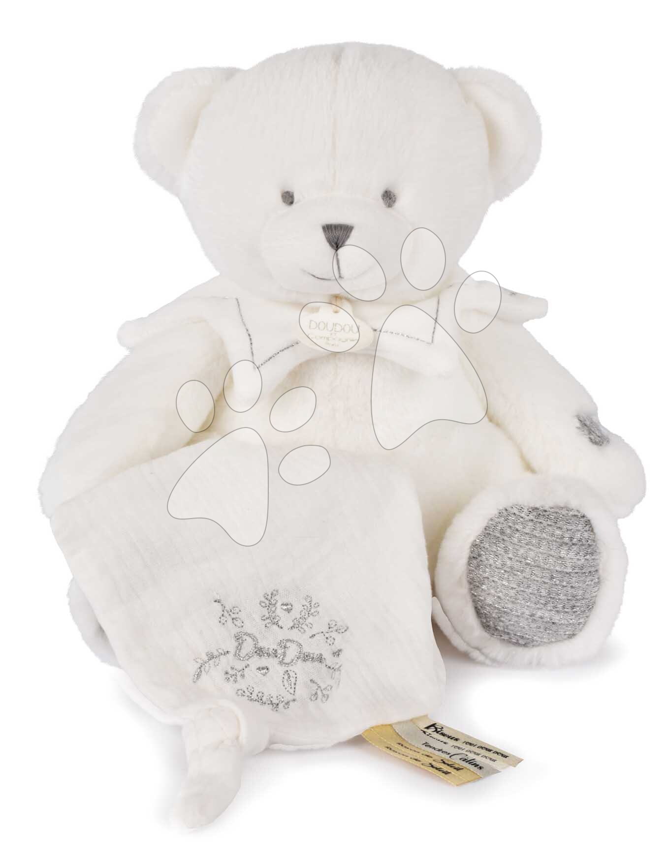 Plüss mackó kendővel dédelgetésre Doudou 25 Years Puppet with Handkerchief Grey Doudou et Compagnie ajándékcsomagolásban szürke 30 cm 0 hó-tól