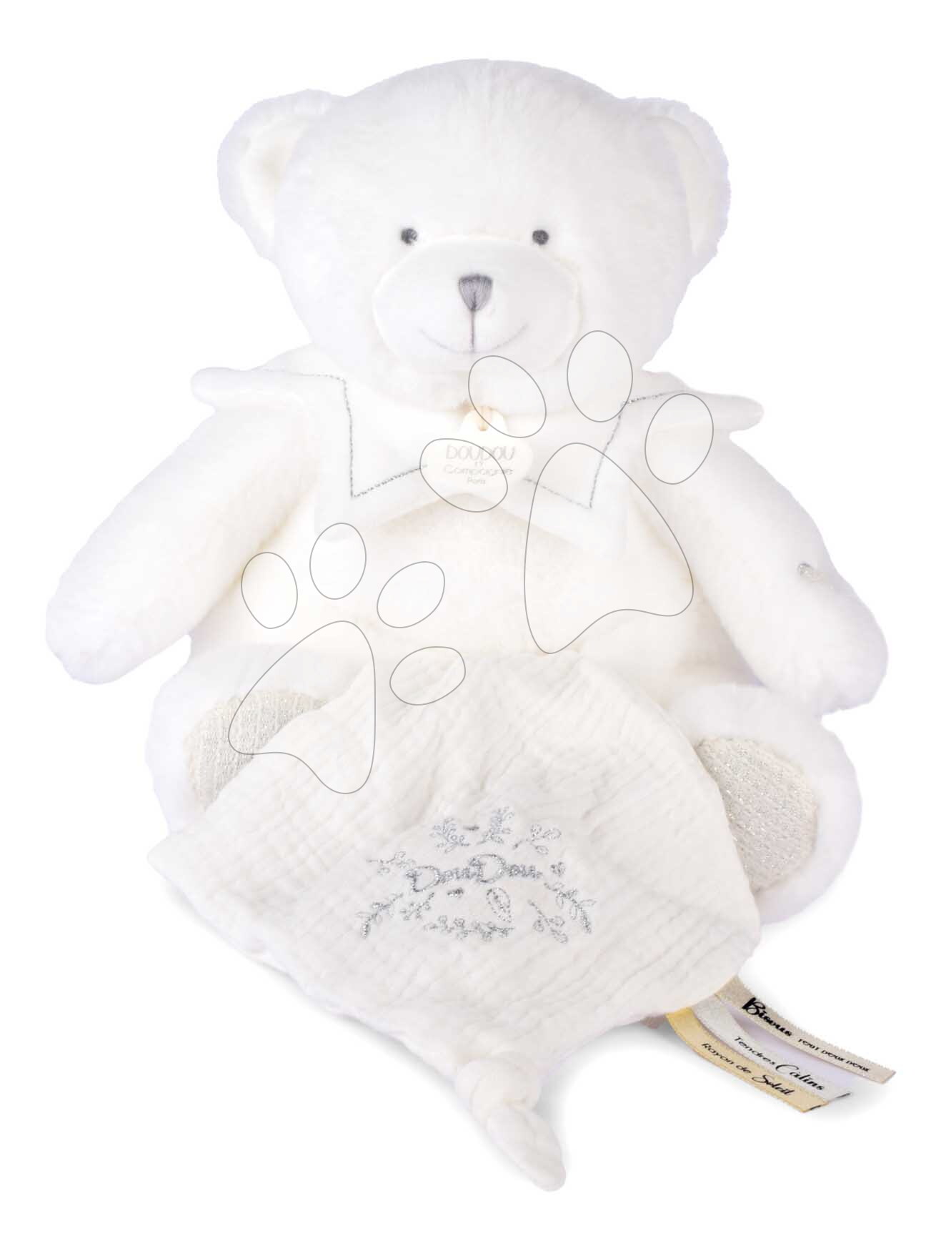 Plüss mackó kendővel dédelgetésre Doudou 25 Years Puppet with Handkerchief White Doudou et Compagnie ajándékcsomagolásban fehér 30 cm 0 hó-tól