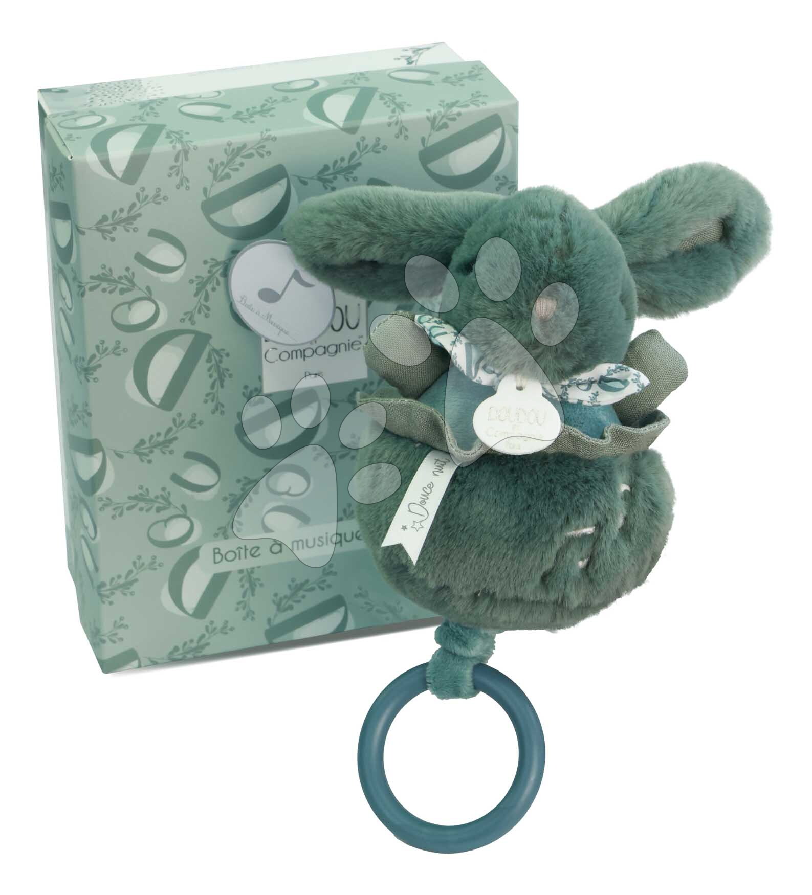 Plüss nyuszi dallammal Lapin Dodou Music Box Green Doudou et Compagnie ajándékcsomagolásban zöld 20 cm 0 hó-tól