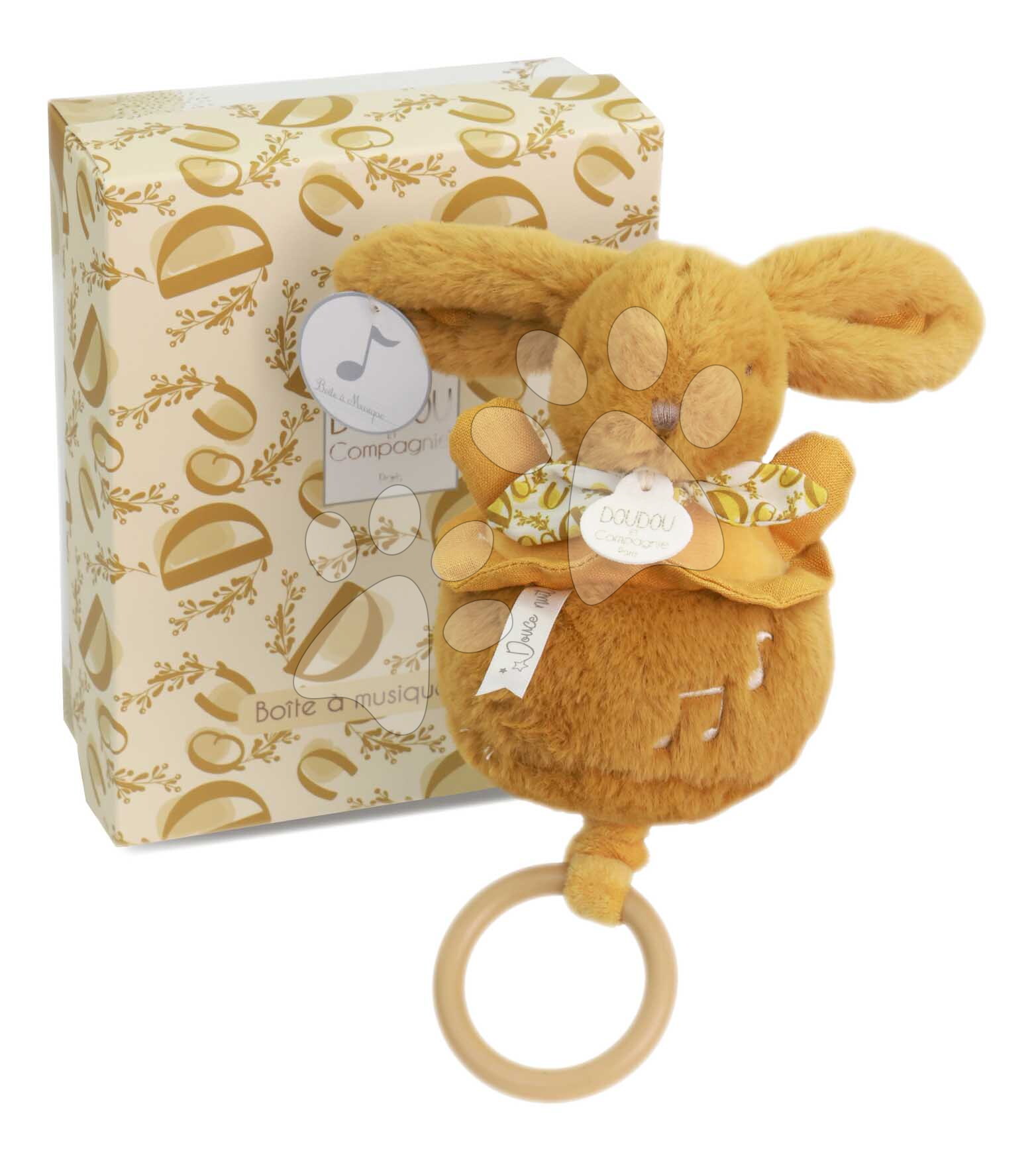 Plüss nyuszi dallammal Lapin Dodou Music Box Ochre Doudou et Compagnie ajándékcsomagolásban sárga 20 cm 0 hó-tól
