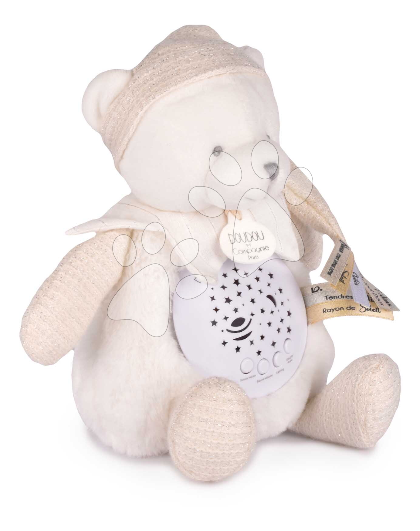 Plüss mackó Doudou 25 Years Musical Night Light Star Projector White Doudou et Compagnie fénnyel zenével és fehér zajjal fehér 19 cm 0 hó-tól