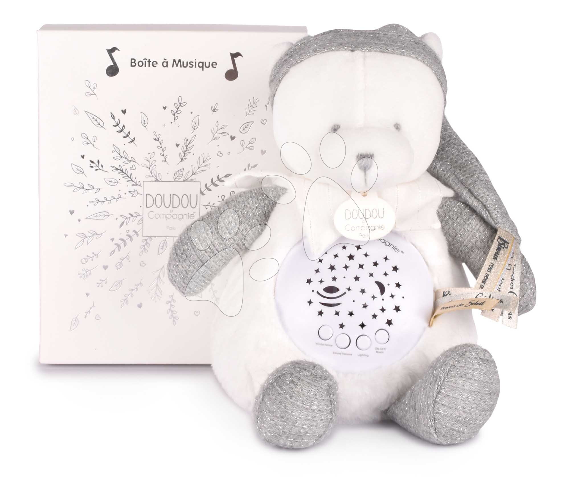 Plüss mackó Doudou 25 Years Musical Night Light Star Projector Grey Doudou et Compagnie fénnyel zenével és fehér zajjal szürke 19 cm 0 hó-tól