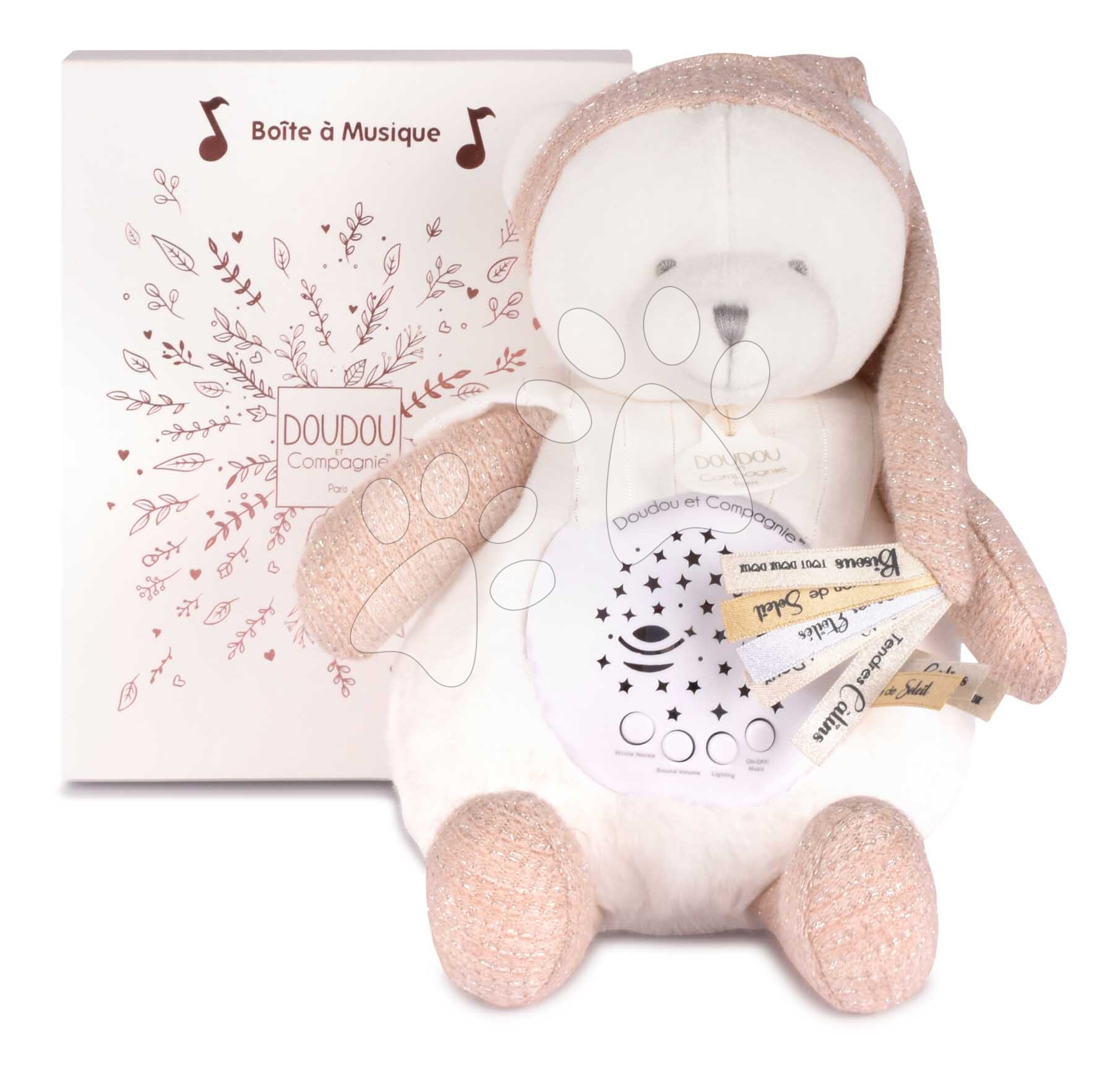 Plüss mackó Doudou 25 Years Musical Night Light Star Projector Pink Doudou et Compagnie fénnyel zenével és fehér zajjal rózsaszín 19 cm 0 hó-tól