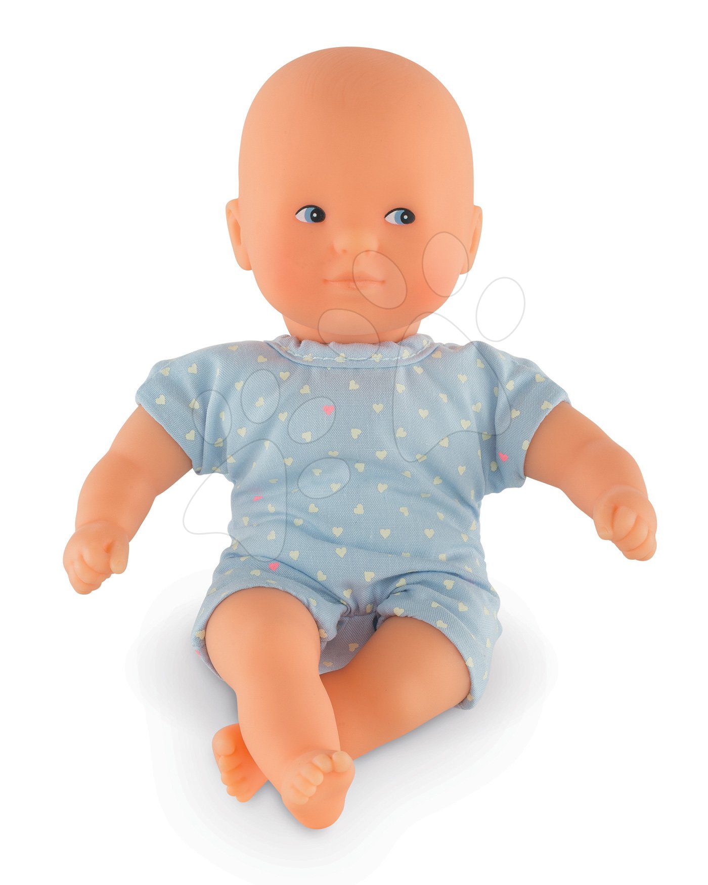 Játékbaba Mini Calin Sky Corolle kék szemekkel és kék ruhácskában 20 cm 18 hó-tól