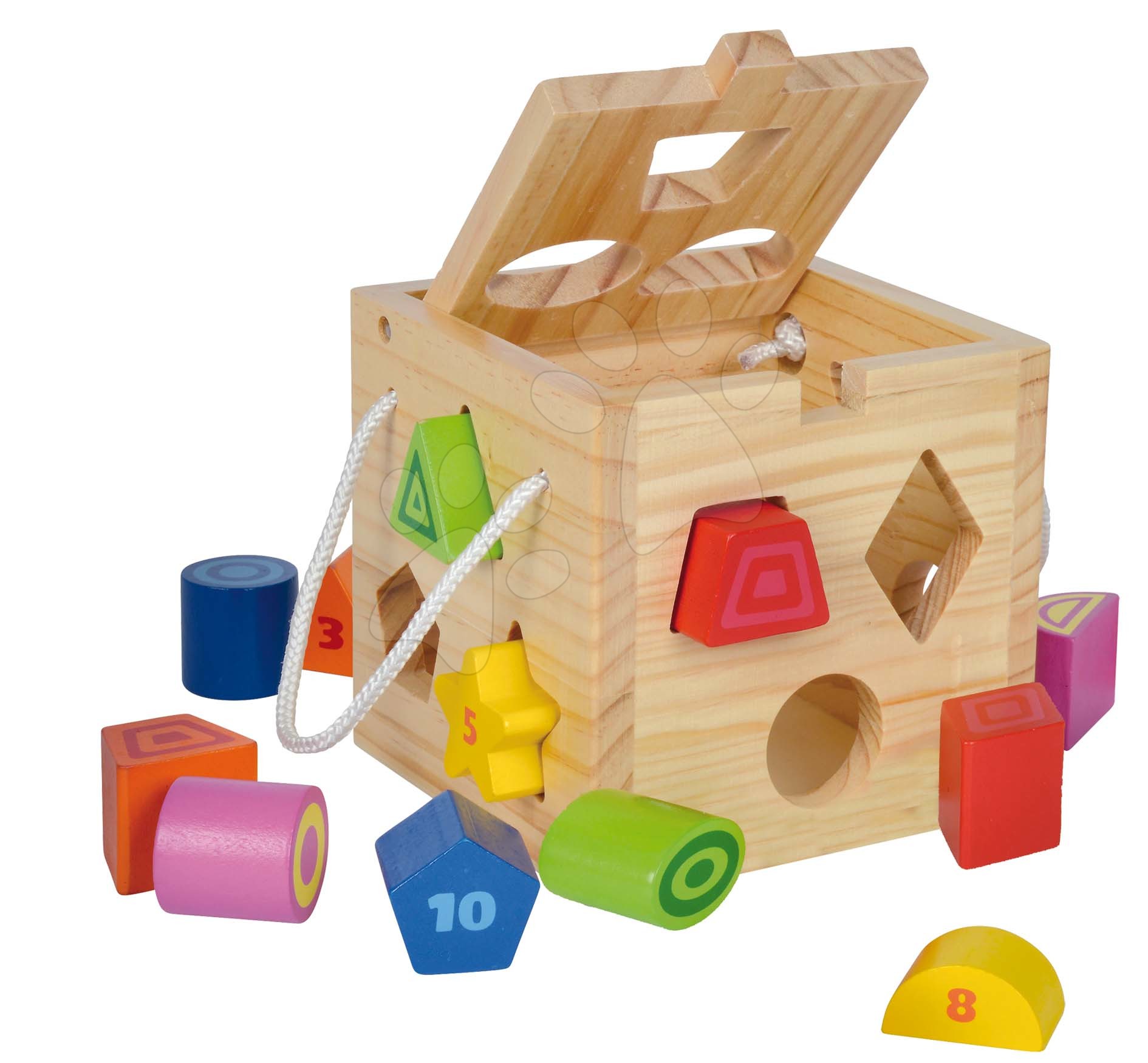 Drevené didaktické hračky - Drevená didaktická kocka Shape Sorting Cube Eichhorn s 12 vkladacími kockami od 12 mes