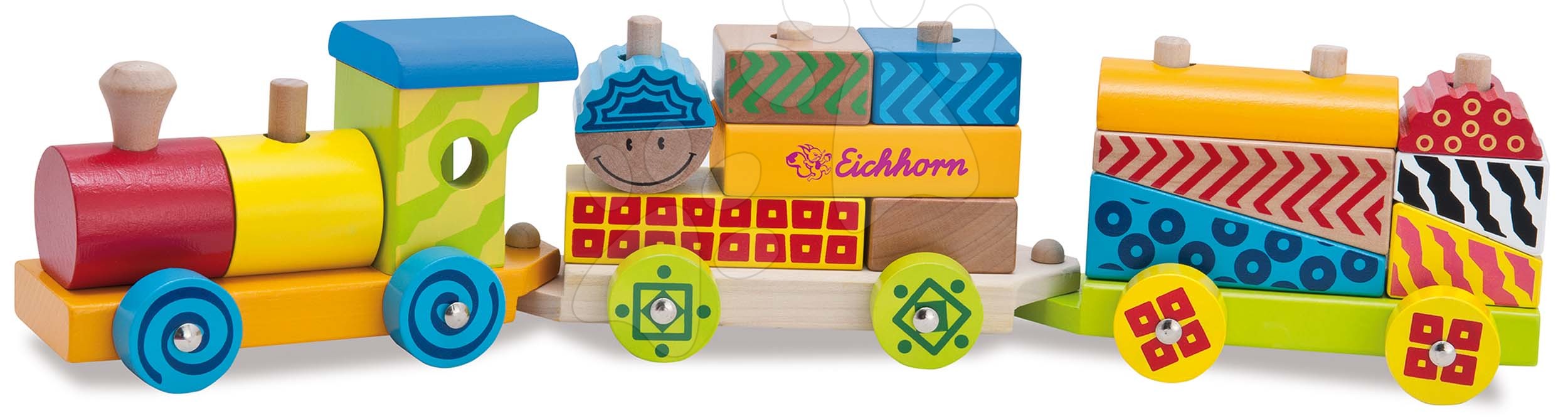 Dřevěné kostky - Dřevěný vláček s kostkami Color Small Train Eichhorn lokomotiva s 2 vagony 18 dílů od 12 měsíců