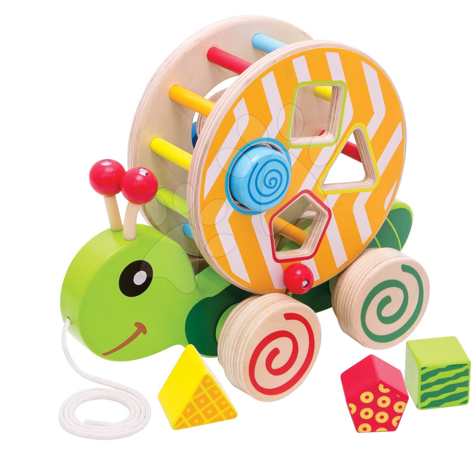 Drevené didaktické hračky - Drevený didaktický slimáčik na ťahanie Color Pull along Stacking Animal Eichhorn 4 vkladacie kocky od 12 mes