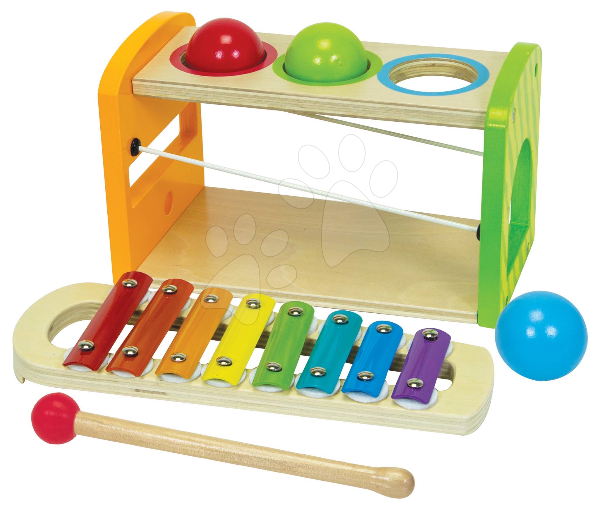 Drevený Xylofón Color Xylophone Hammering Bench Eichhorn s 3 loptičkami a kladivkom od 24 mes