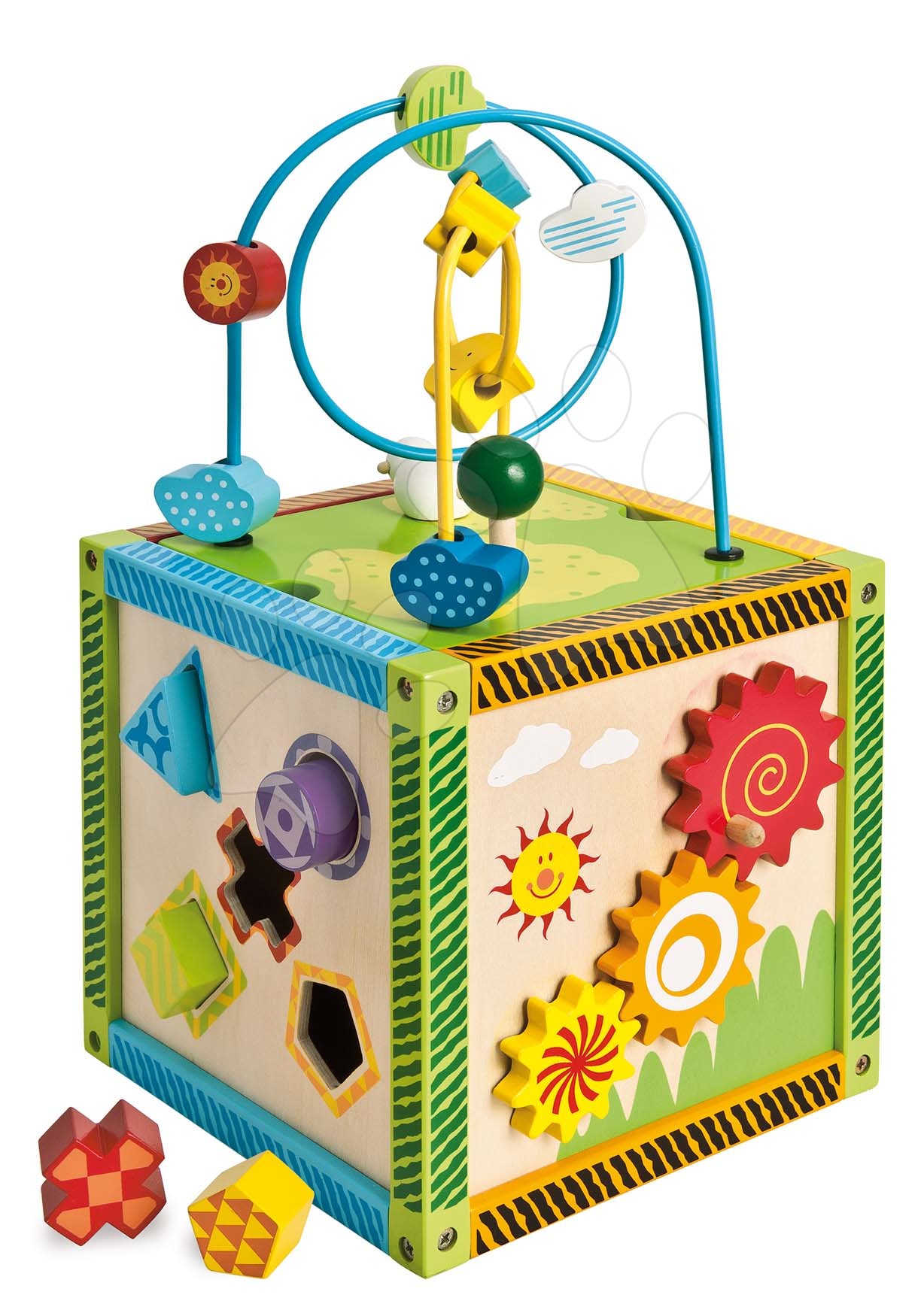 Drevená didaktická kocka s labyrintom a aktivitami Color Little Game Center Eichhorn s 5 vkladacími tvarmi od 12 mes