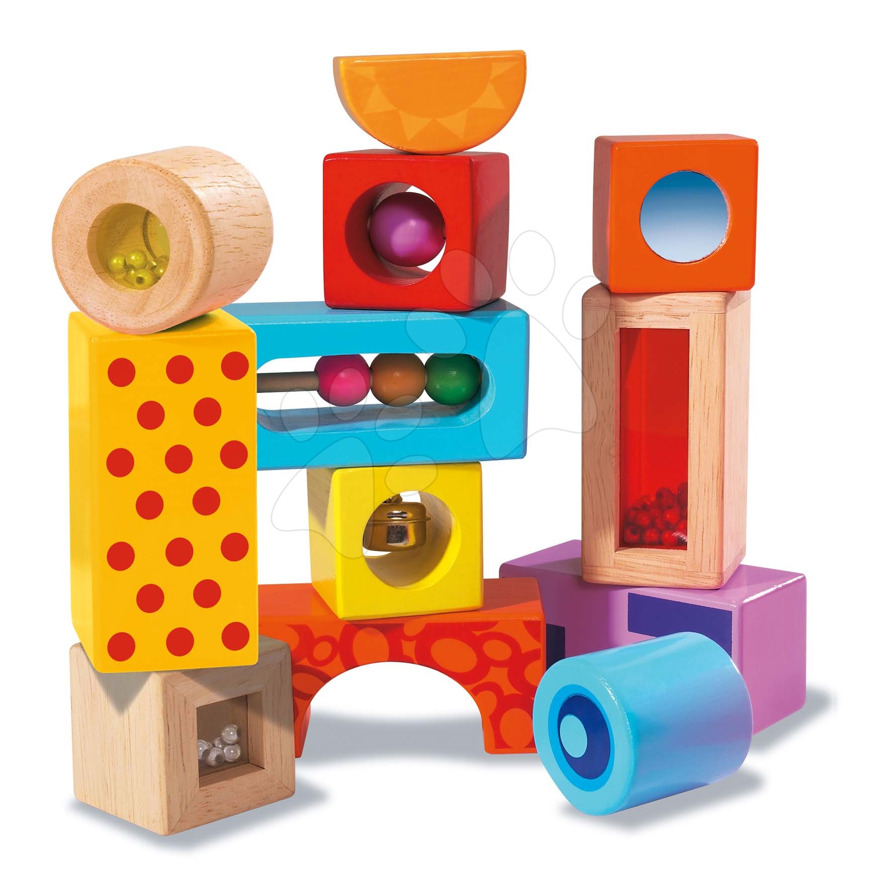 Dřevěné kostky - Dřevěné kostky se zvukem Color Tinkling Blocks Eichhorn barevné 12 kusů od 12 měsíců