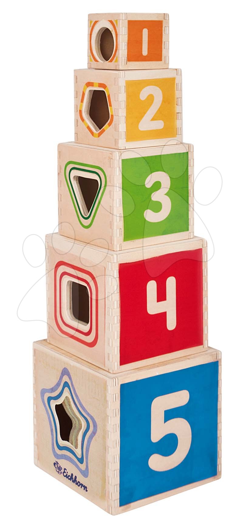 Drevené didaktické hračky - Drevená skladacia veža Color Stacking Tower Eichhorn 5 farebných kociek a 5 tvarov od 12 mes