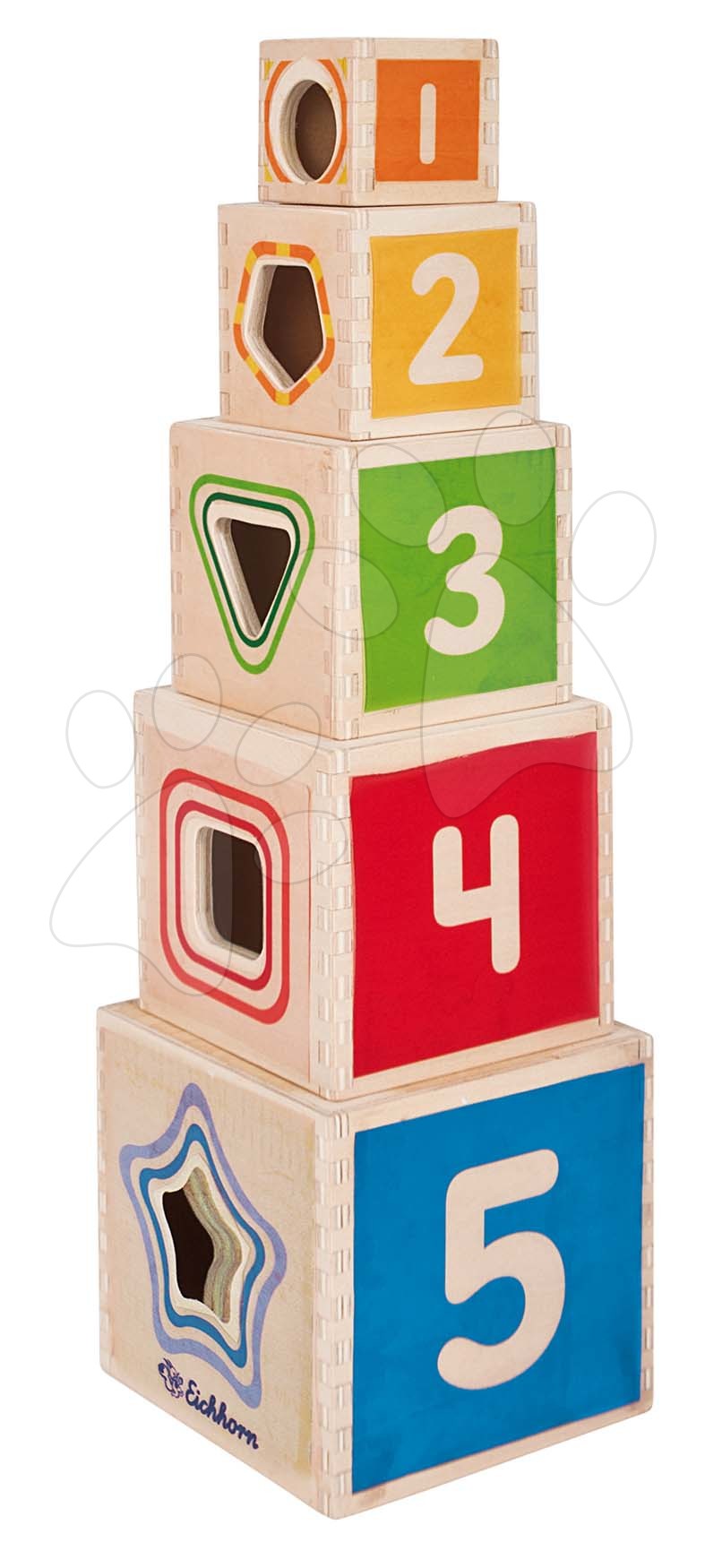 Fa toronyépítő Color Stacking Tower Eichhorn 5 színes kockával és 5 alakzattal 12 hó-tól