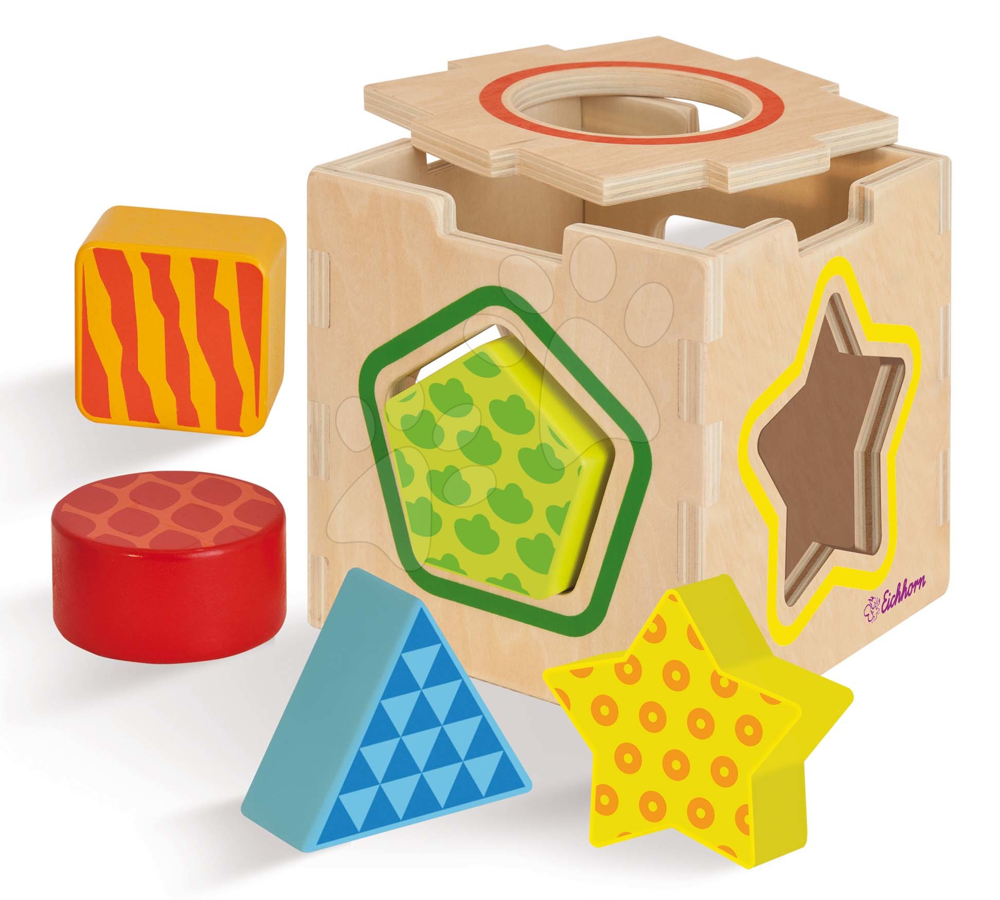 Dřevěná didaktická kostka Color Shape Sorting Box Eichhorn s 5 vkládacími tvary od 12 měsíců