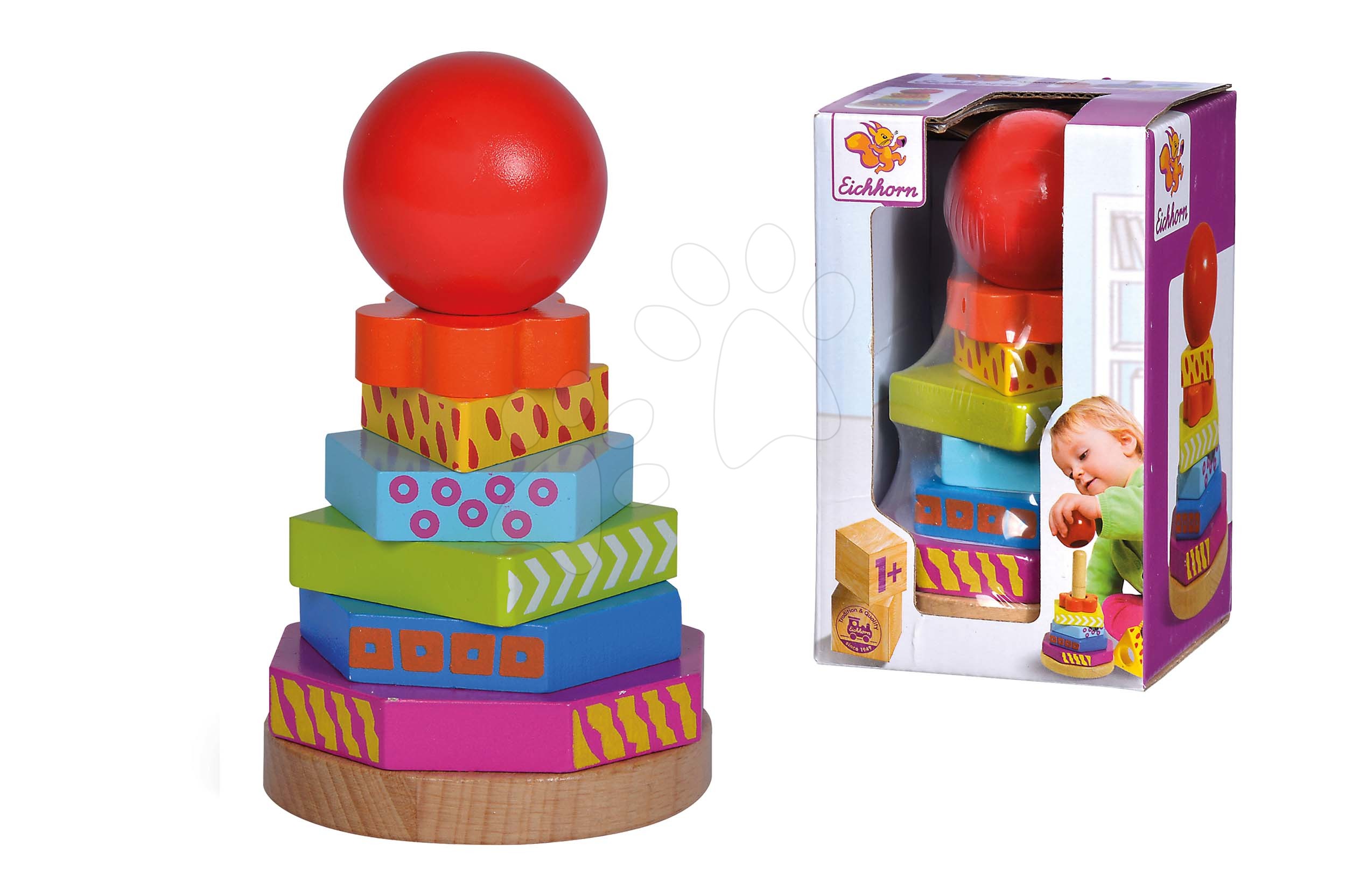 E-shop Drevená skladacia veža Color Stacking Tower Eichhorn 6 farebných tvarov s loptou výška 12 cm od 12 mes