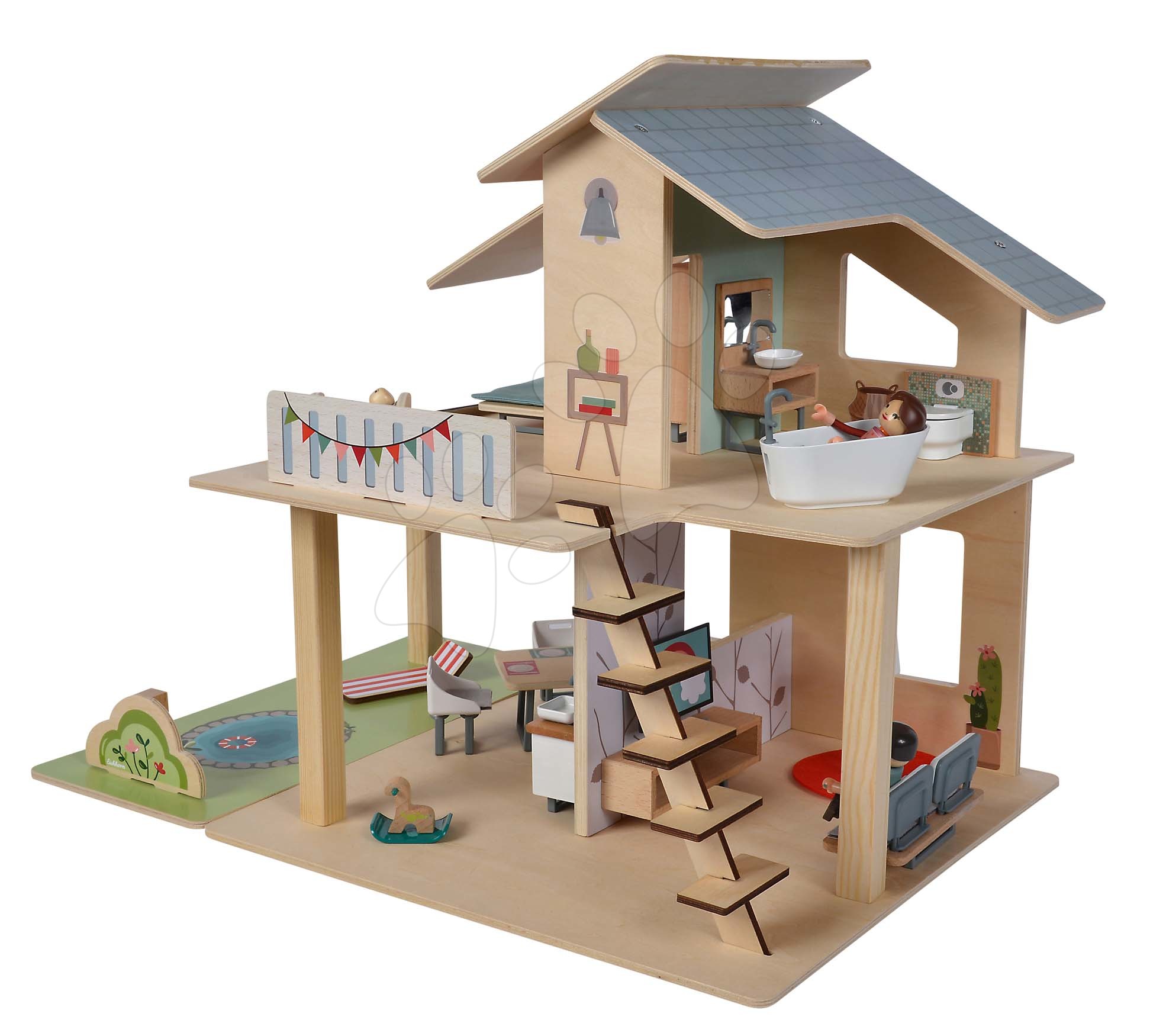 E-shop Drevený domček pre bábiky Doll´s House with Furnitures Eichhorn poschodový so 4 izbami 3 figúrkami a nábytkom výška 44 cm