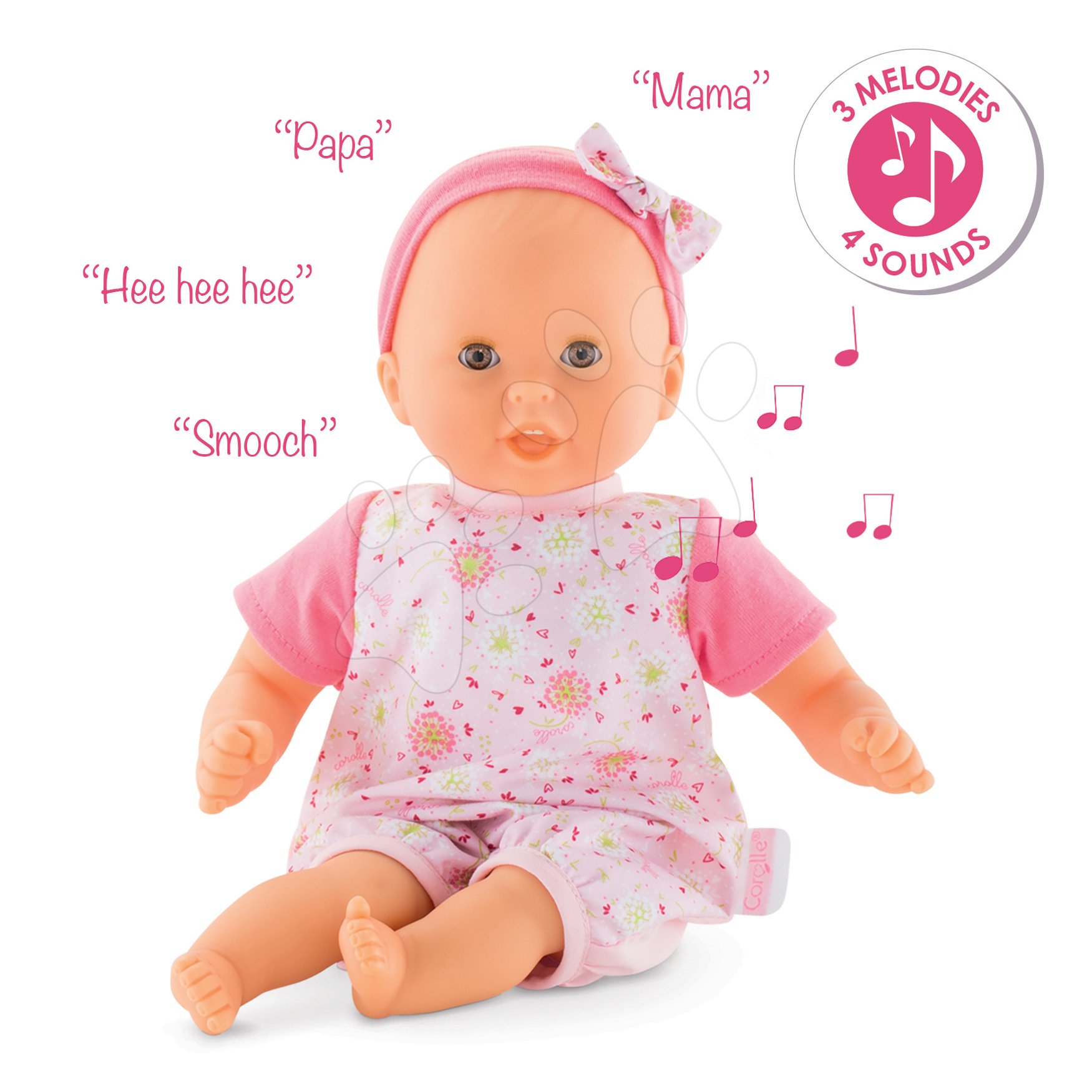 E-shop Bábika Bébé Calin Loving & Melodies Features Corolle interaktívna so 4 zvukmi a 3 melódiami hnedé klipkajúce oči 30 cm od 18 mes