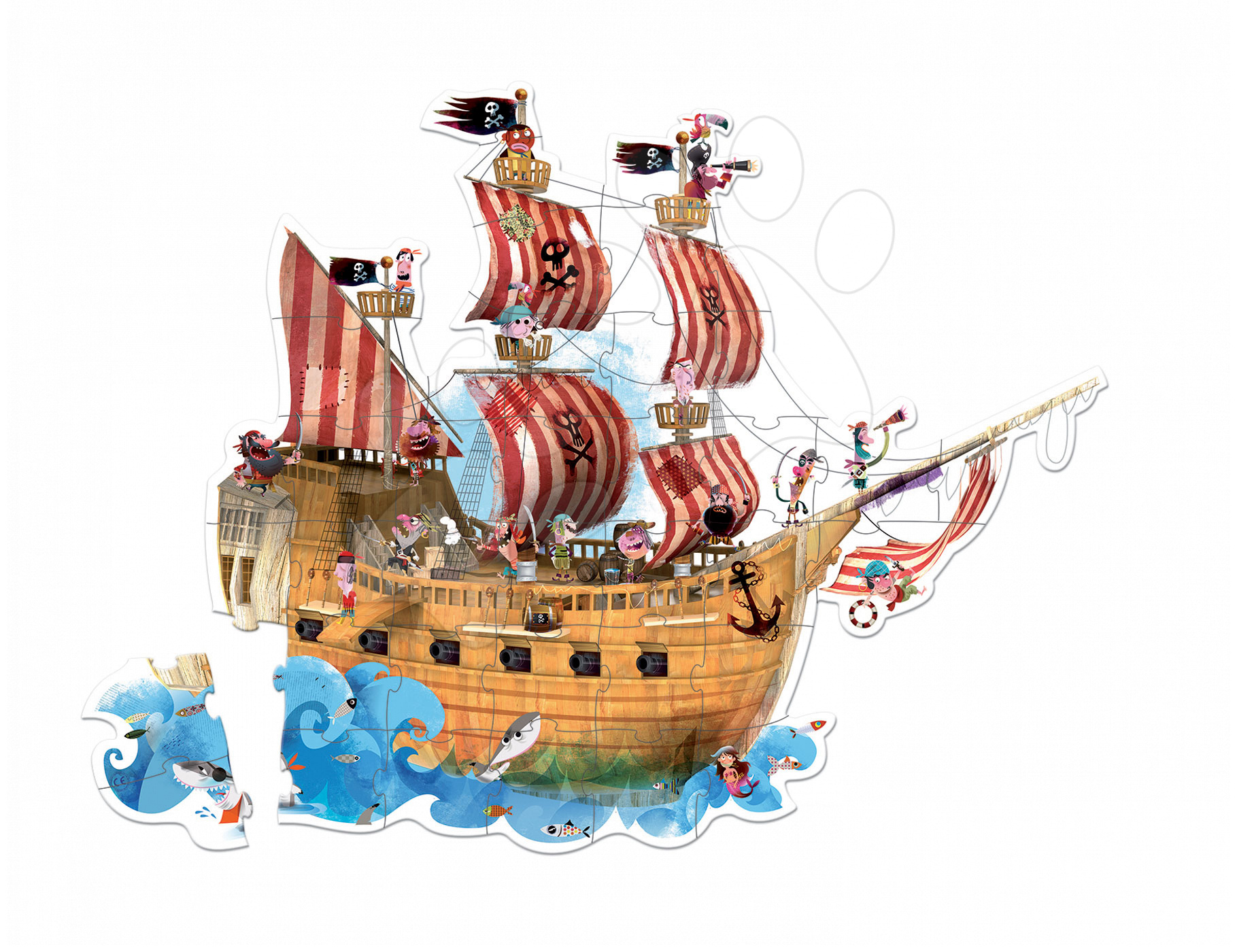 Detské skladacie koberce - Puzzle Floor Pirátska Loď Janod v okrúhlom kufríku 39 dielov od 4 - 7 rokov