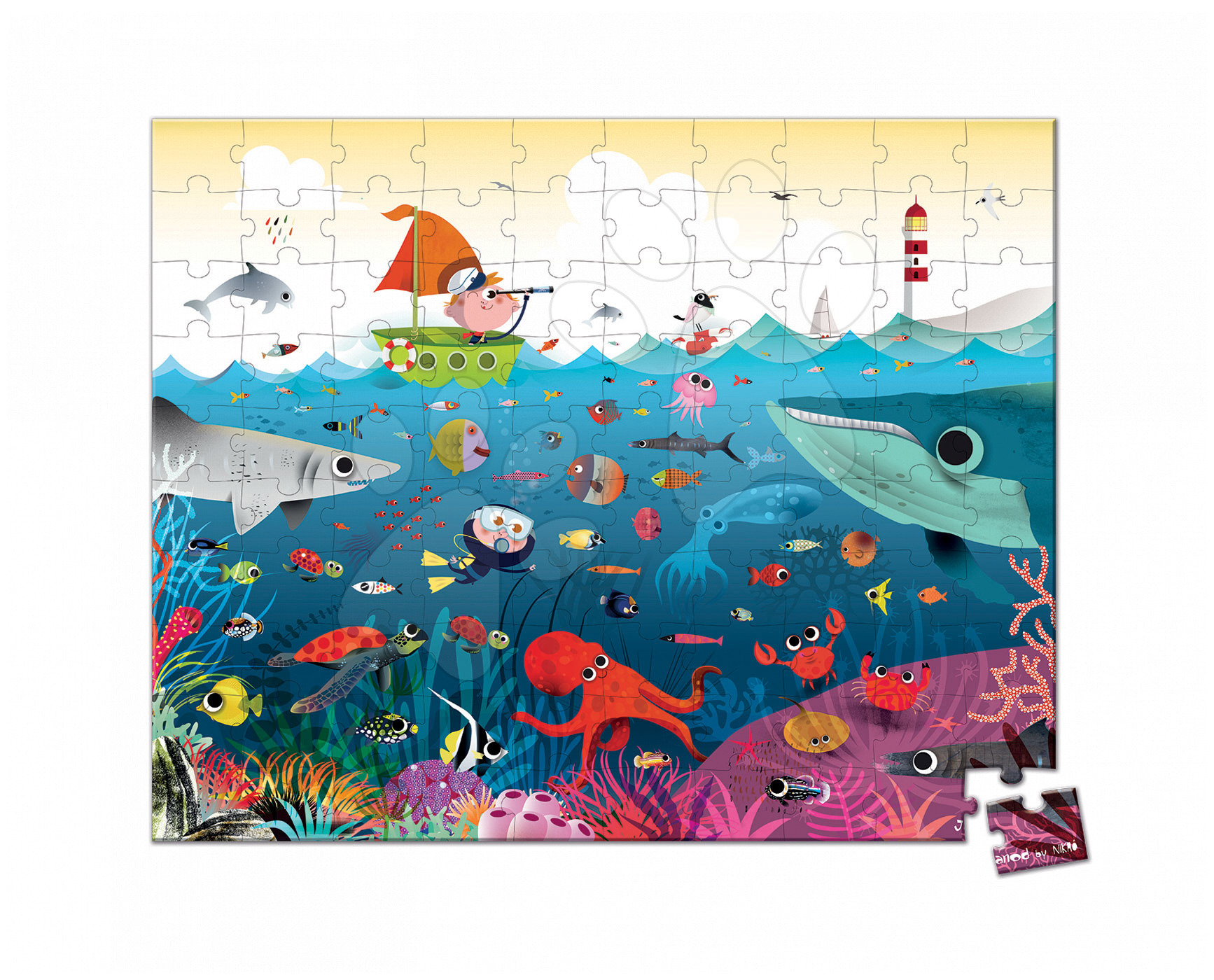 Detské puzzle od 100-300 dielov - Puzzle Podvodný svet Janod v okrúhlom kufríku 100 dielov od 5 - 8 rokov