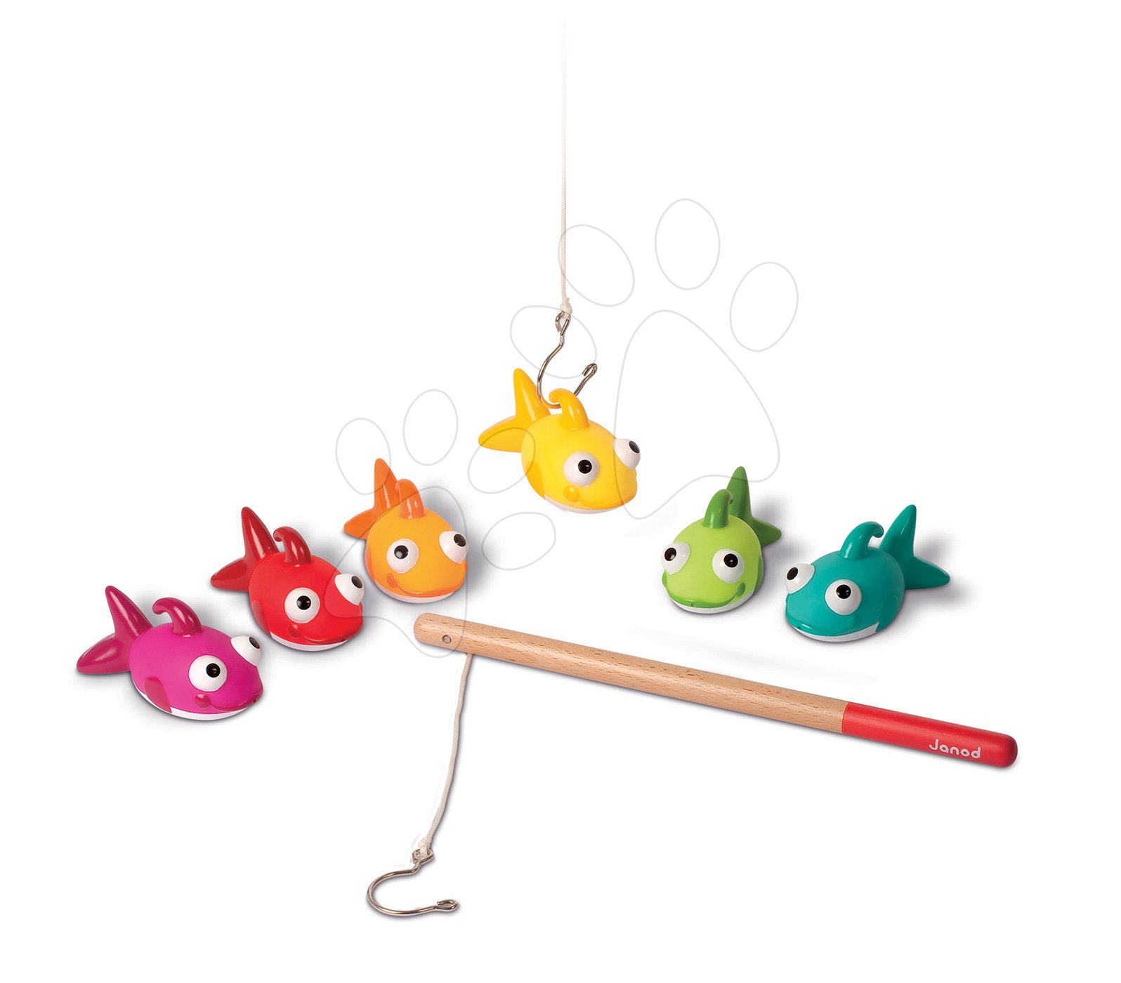 Hry na rybára - Drevená rybárska udica Fishy Janod so striekajúcimi rybami od 24 mes