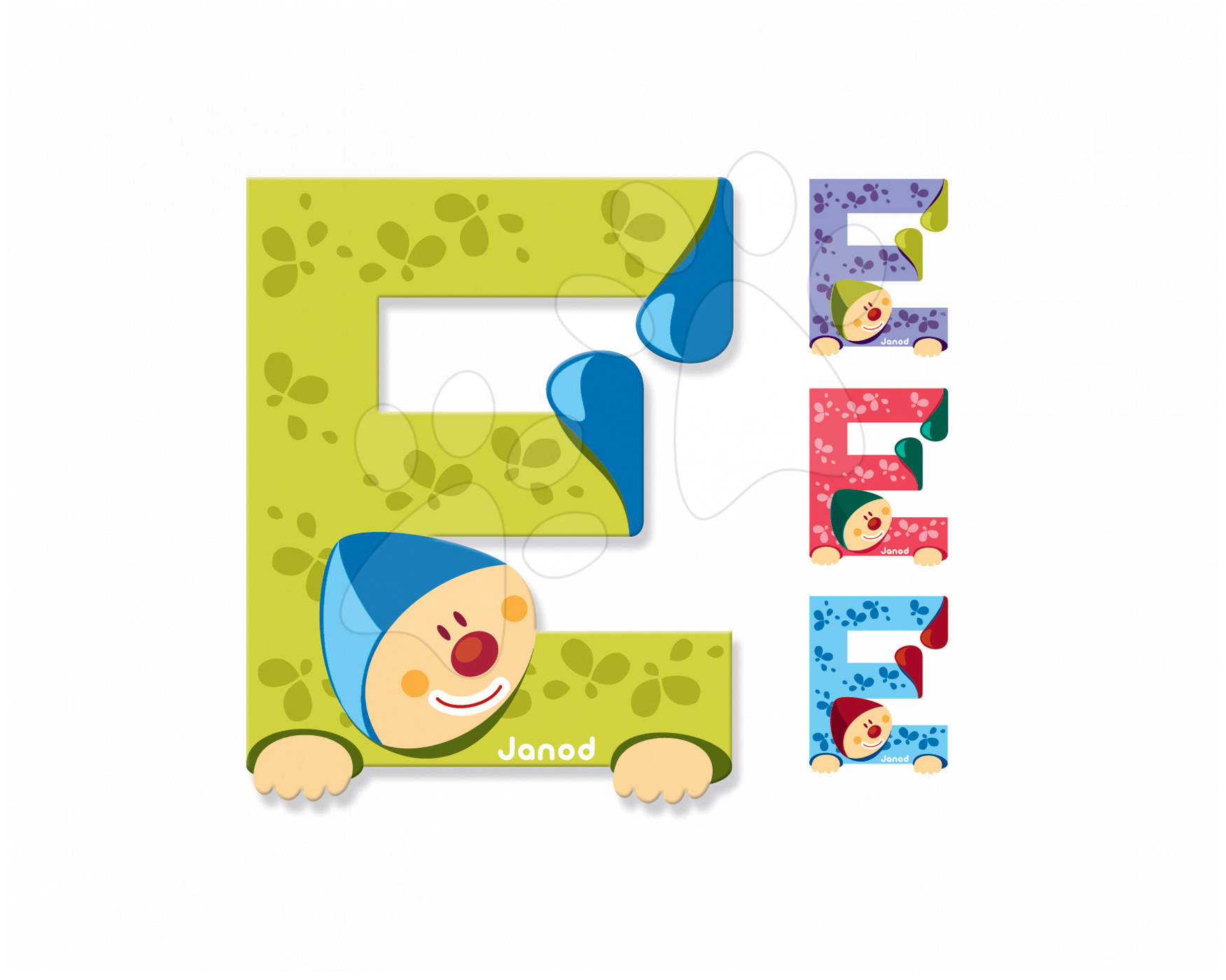 E-shop Janod drevené písmeno Clown Letter E 04546 4 farby