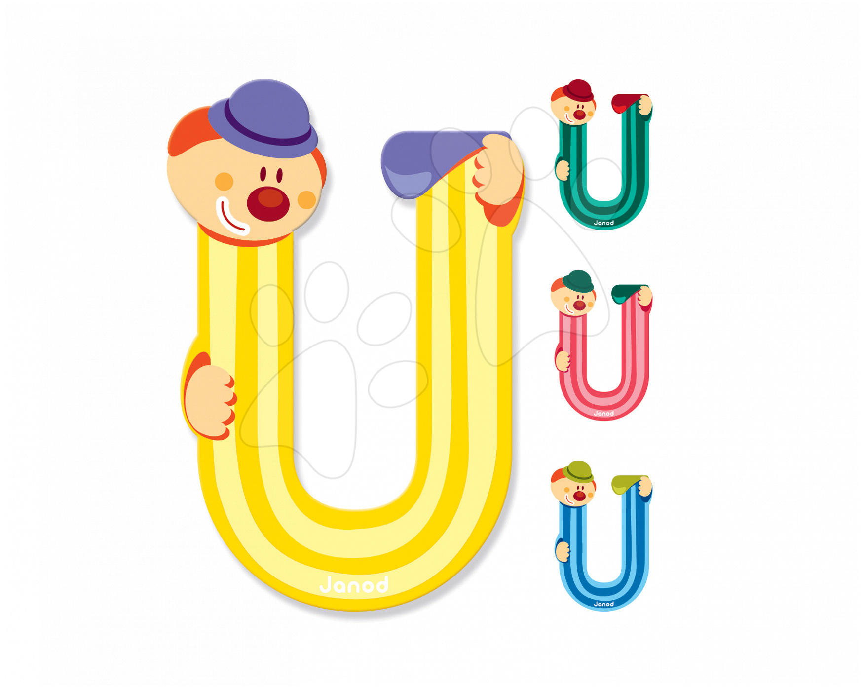 Dekorácie do detských izieb - Drevené písmeno U Clown Letter Janod lepiace 9 cm žlté/zelené/ružové/modré od 3 rokov