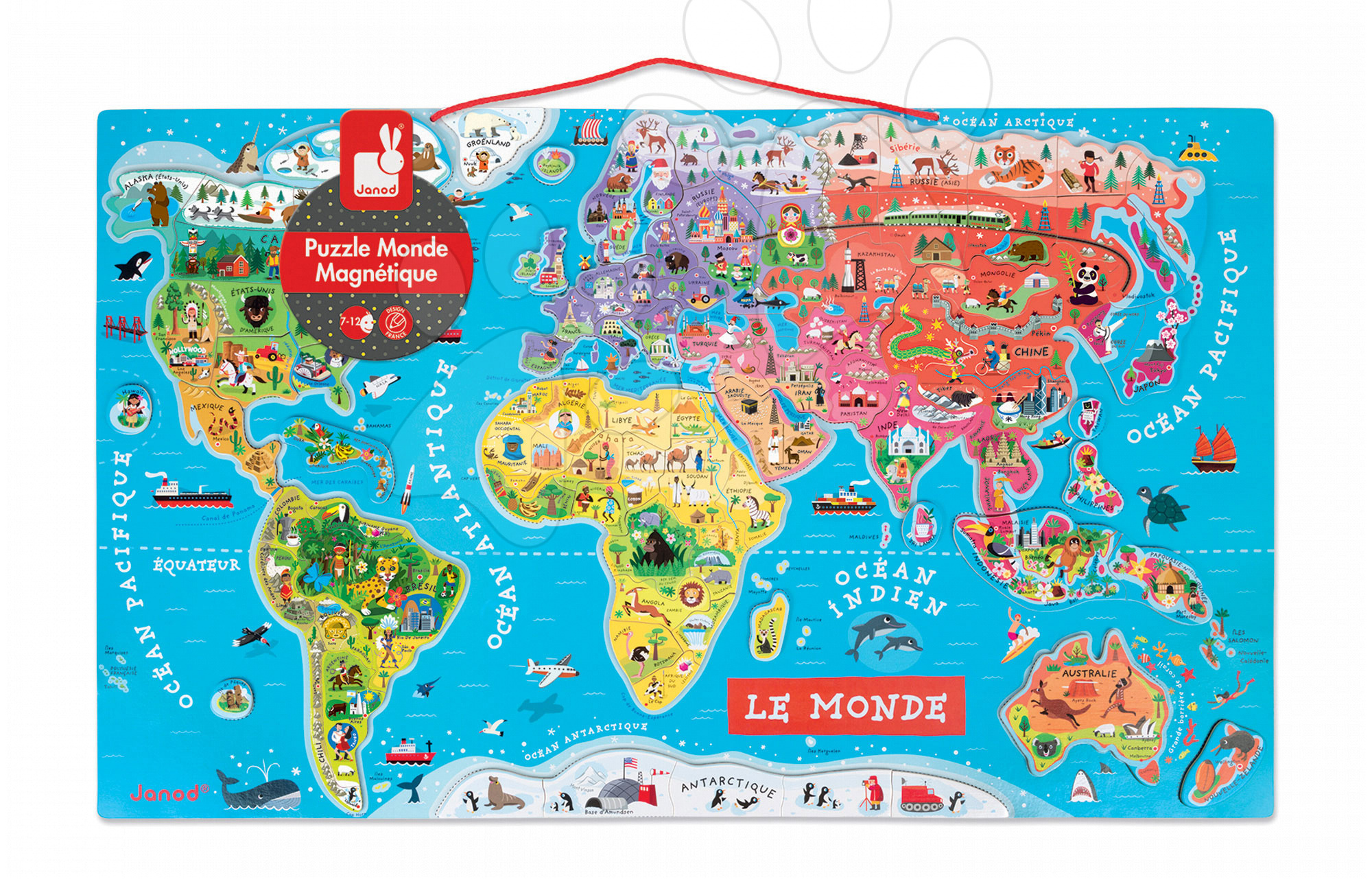Magnetky pre deti - Magnetická mapa sveta Magnetic World Puzzle francúzska verzia Janod 92 magnetov od 5 rokov