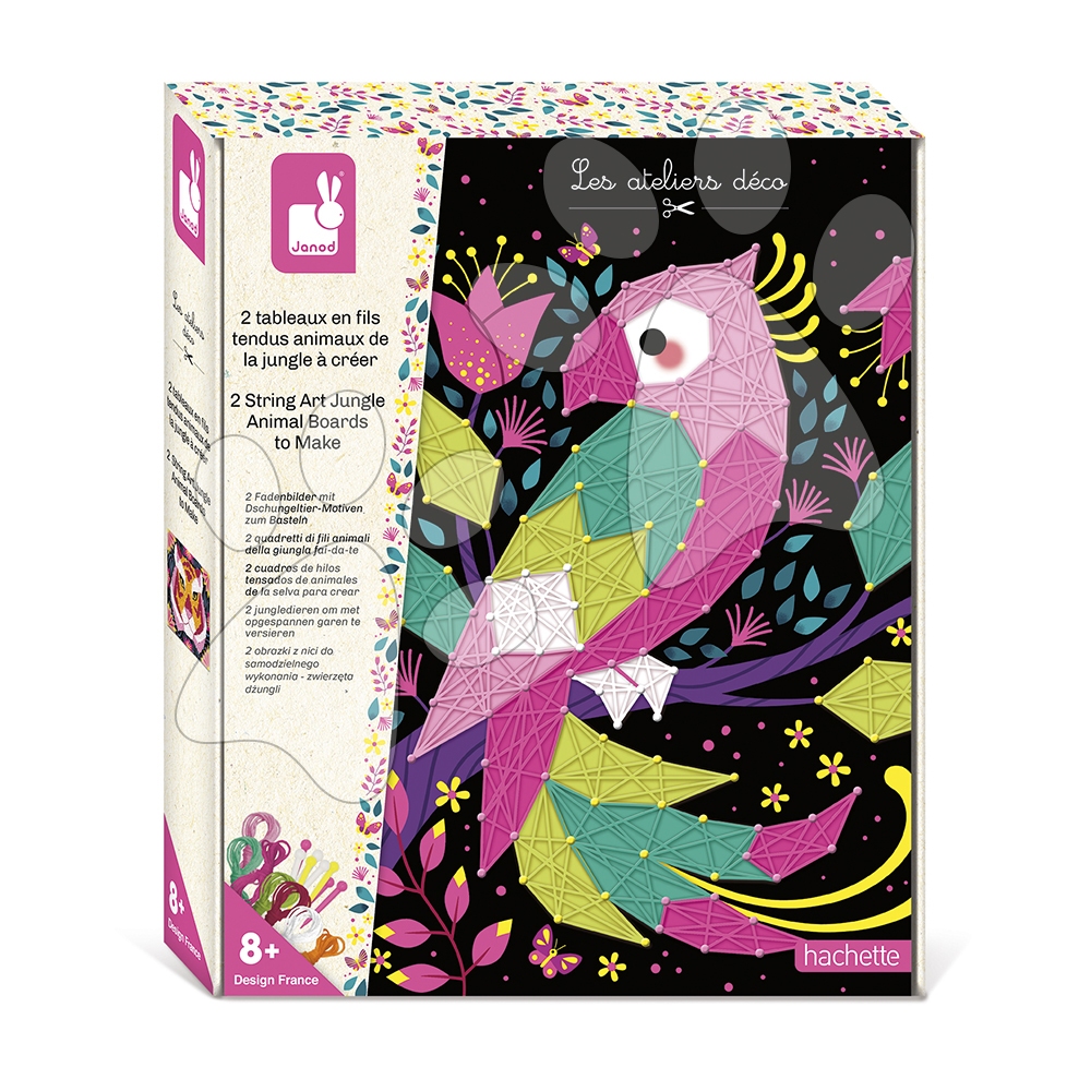 Maxi kreatívna sada Tvoríme so šnúrkami Džungľa String Art Jungle Animal Atelier Janod 2 karty a 300 klinčekov od 8 rokov J07970