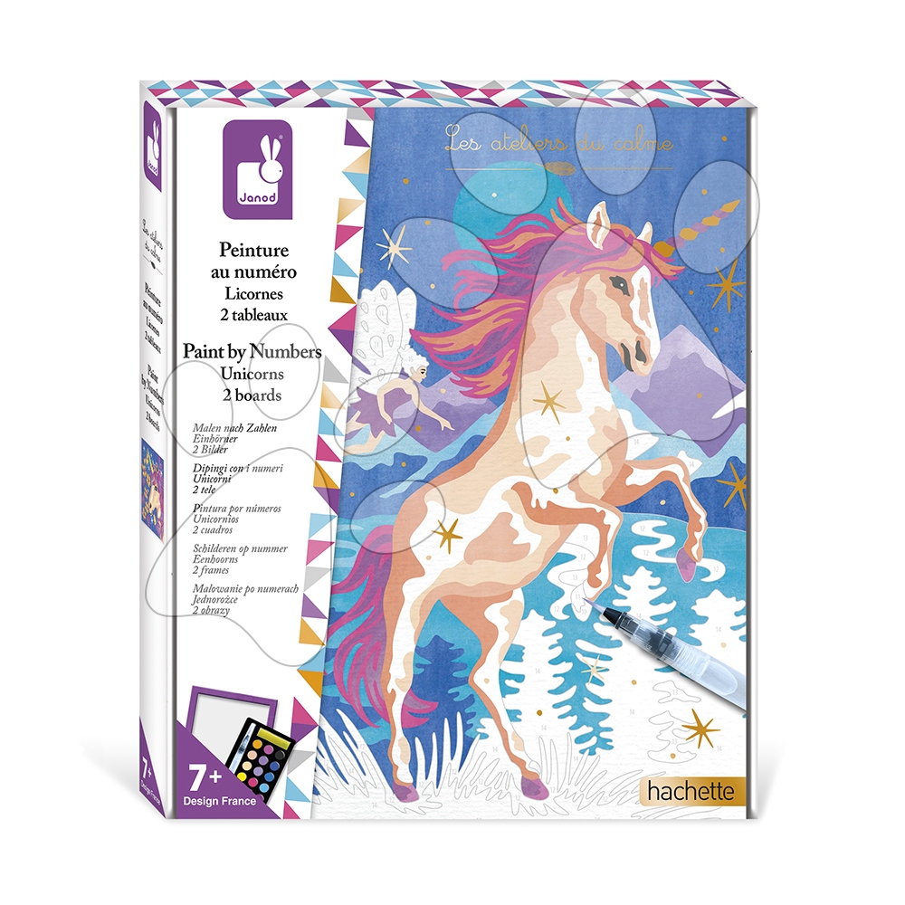 Maxi kreatívna sada Maľovanie s číslami Jednorožce Paint by Numbers Watercolor Unicorns Atelier Janod 2 obrázky od 7 rokov J07985