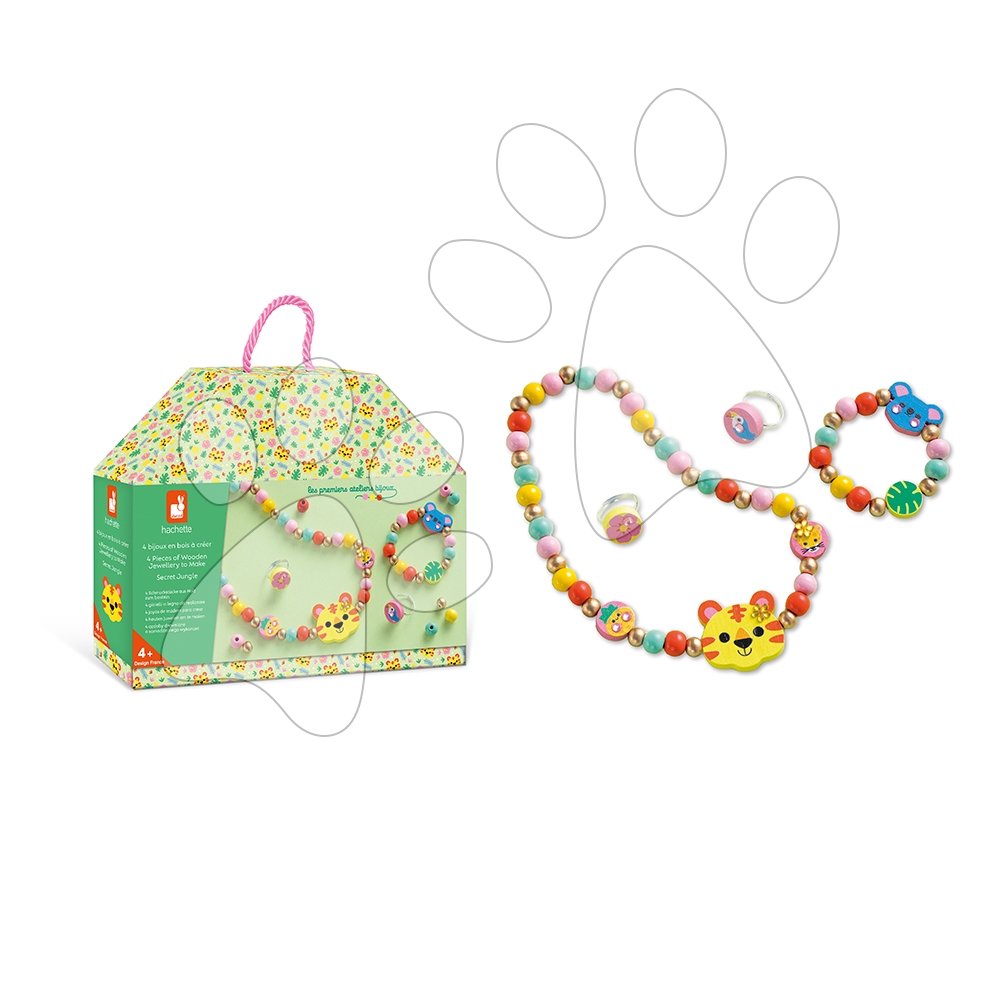 Sada na výrobu šperkov Drevené korálky Džungľa Wooden Jewellery Secret Jungle Atelier Janod na výrobu šperkov 4 kusov šperkov od 4 rokov J09131